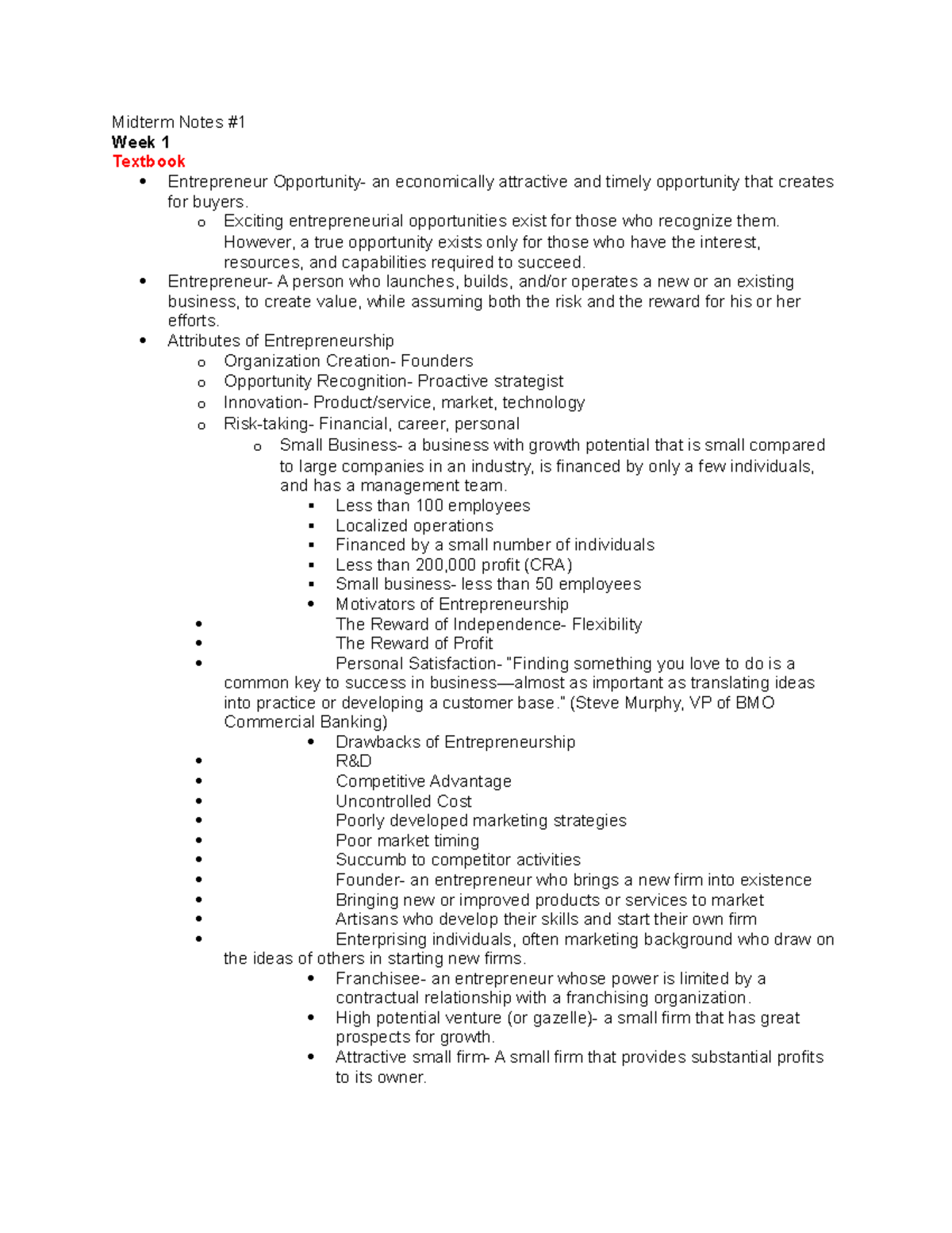 Midterm Notes #1 - Midterm Notes #1 Week 1 Textbook Entrepreneur ...