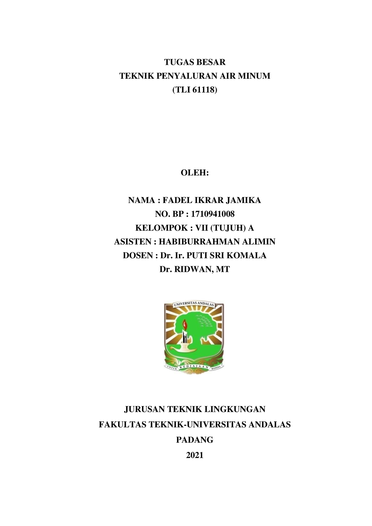 Laporan Akhir Tugas Besar Teknik Penyediaan AIR Minum BAB 1 - TUGAS ...