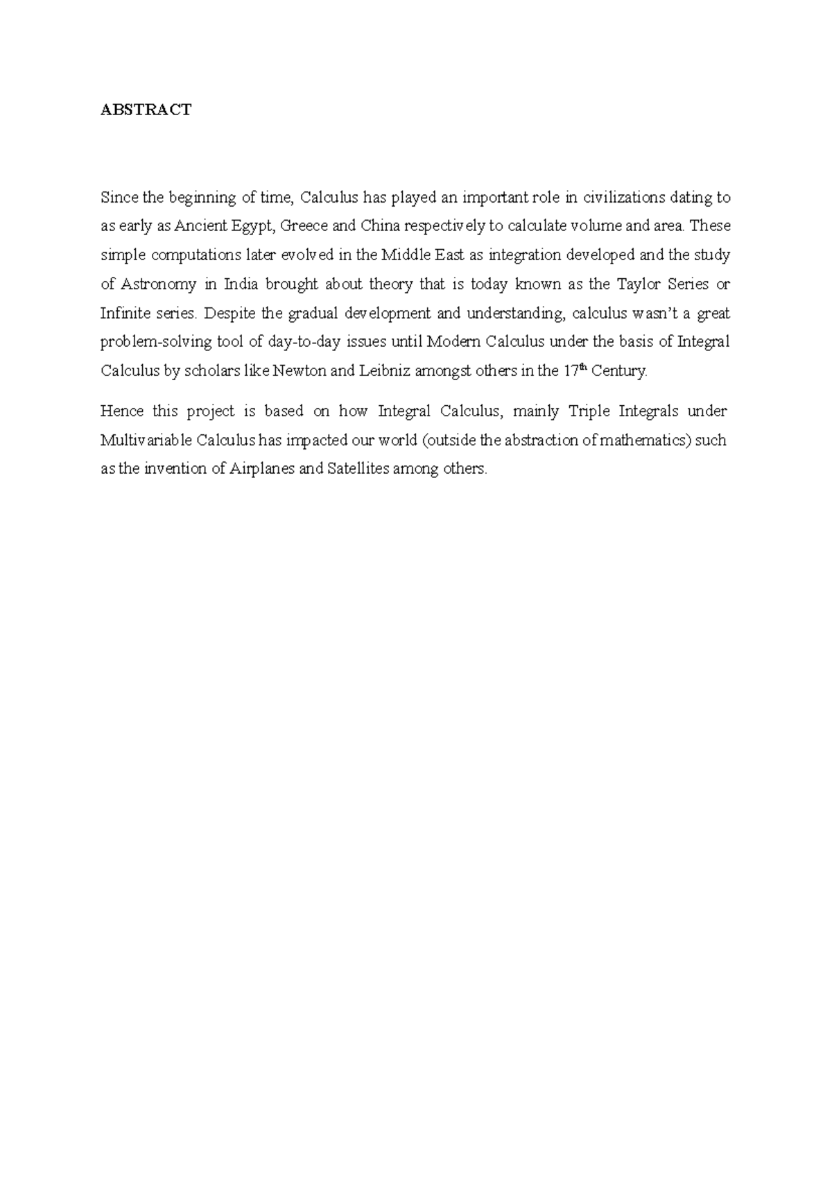 Triple Integrals - ABSTRACT Since the beginning of time, Calculus has ...