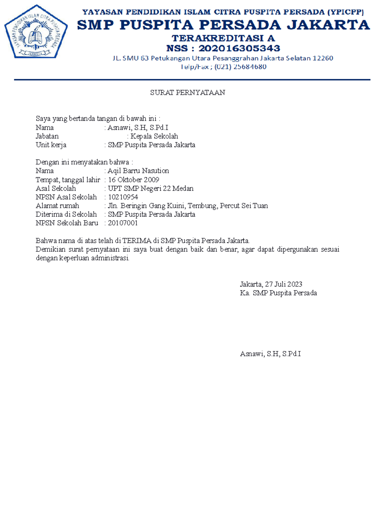 Surat Pernyataan - SURAT PERNYATAAN Saya yang bertanda tangan di bawah