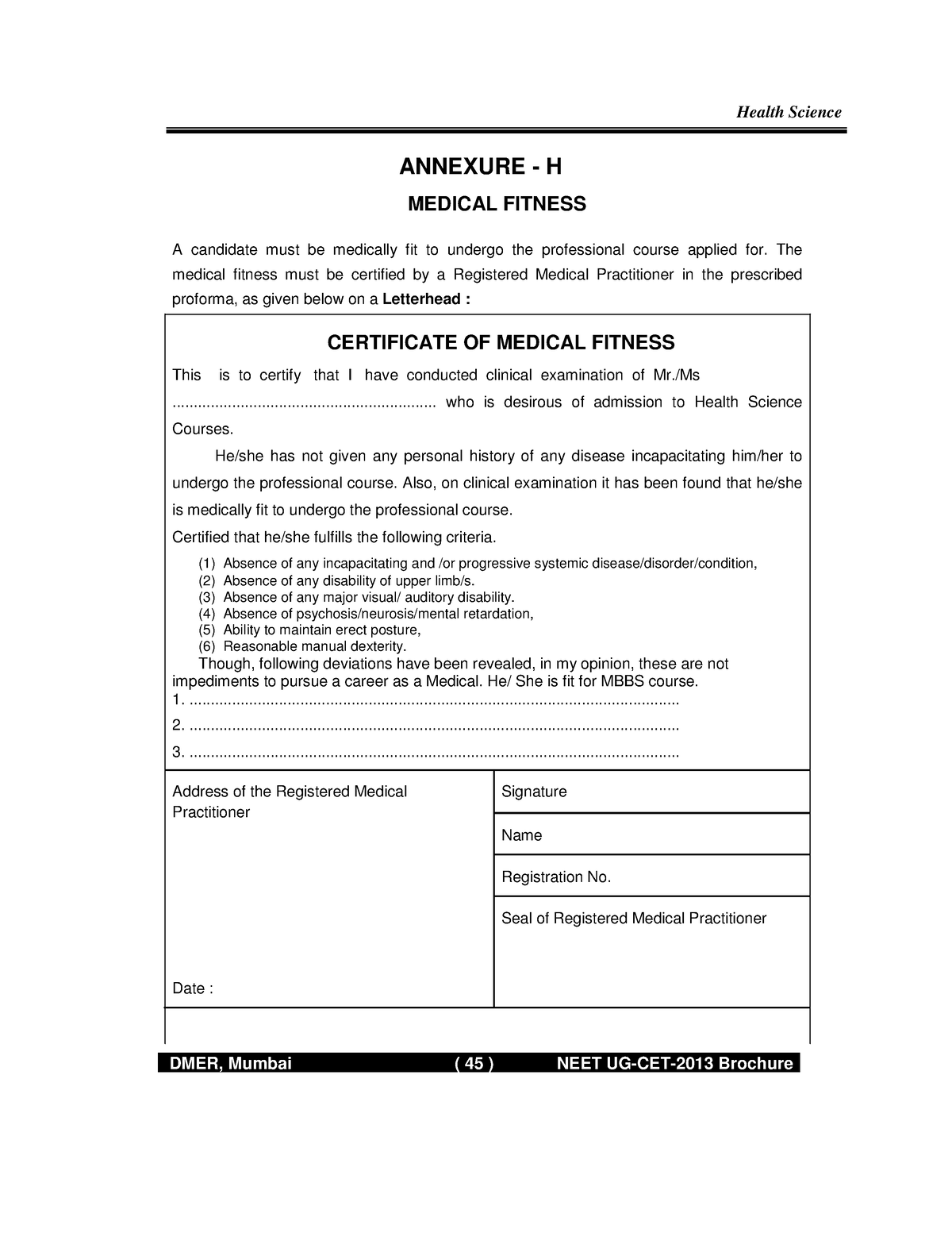 Certificate of Medical Fitness - Health Science ANNEXURE - H MEDICAL ...