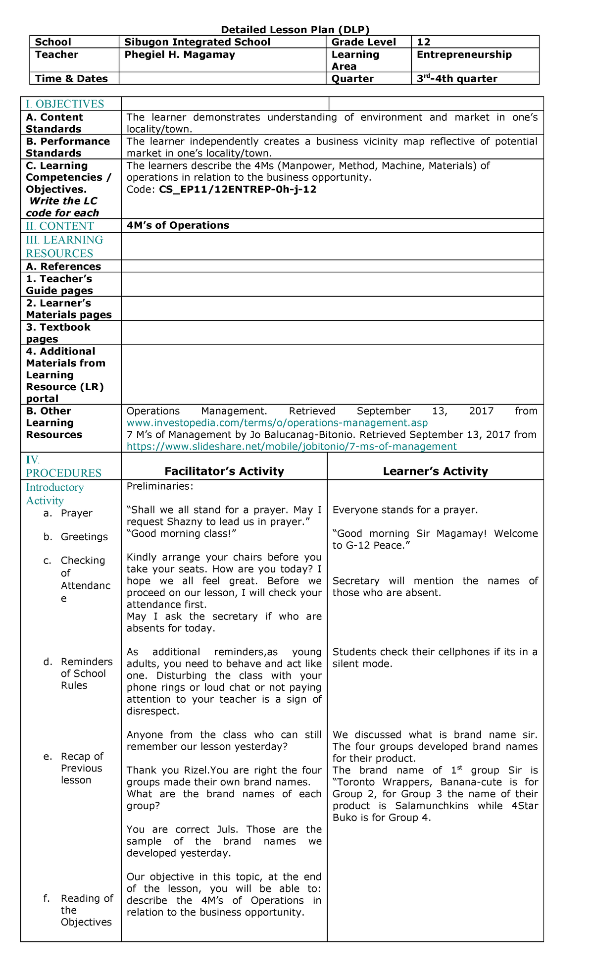 Demo dlp entrep (explicit) - Detailed Lesson Plan (DLP) School Sibugon ...