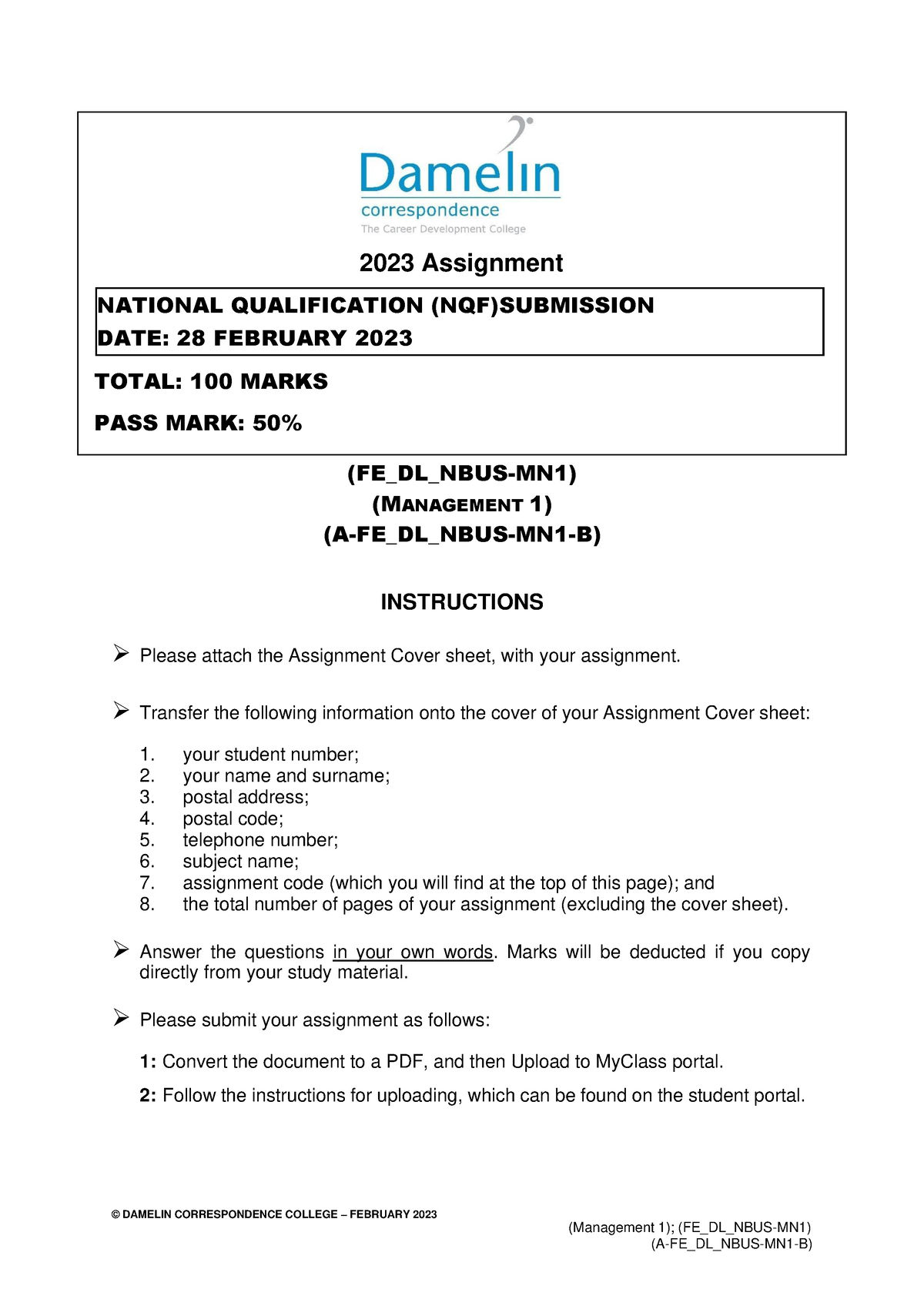 damelin correspondence college assignment cover sheet