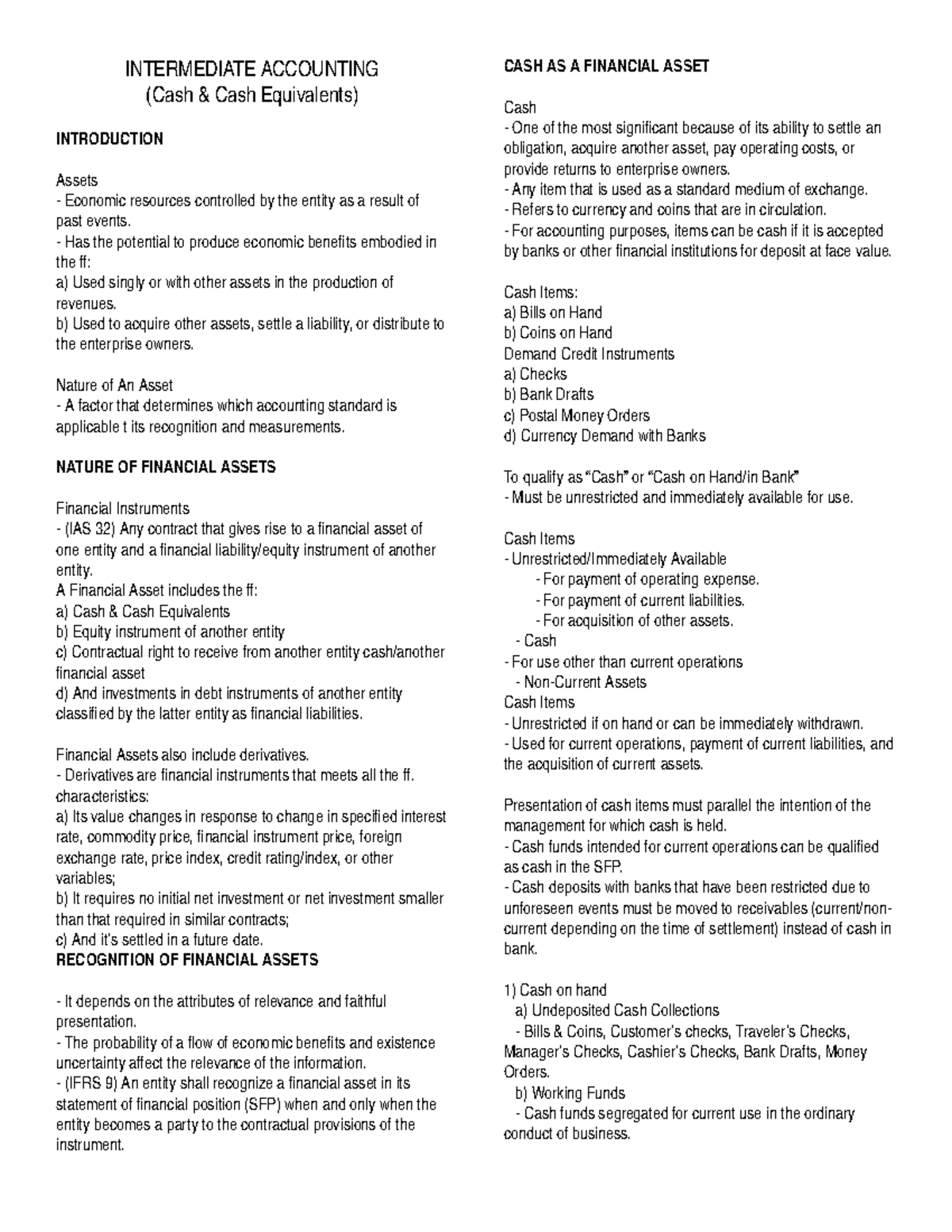 Intacc Summary of Intermediate Accounting Cash and Cash Equivalents INTERMEDIATE ACCOUNTING