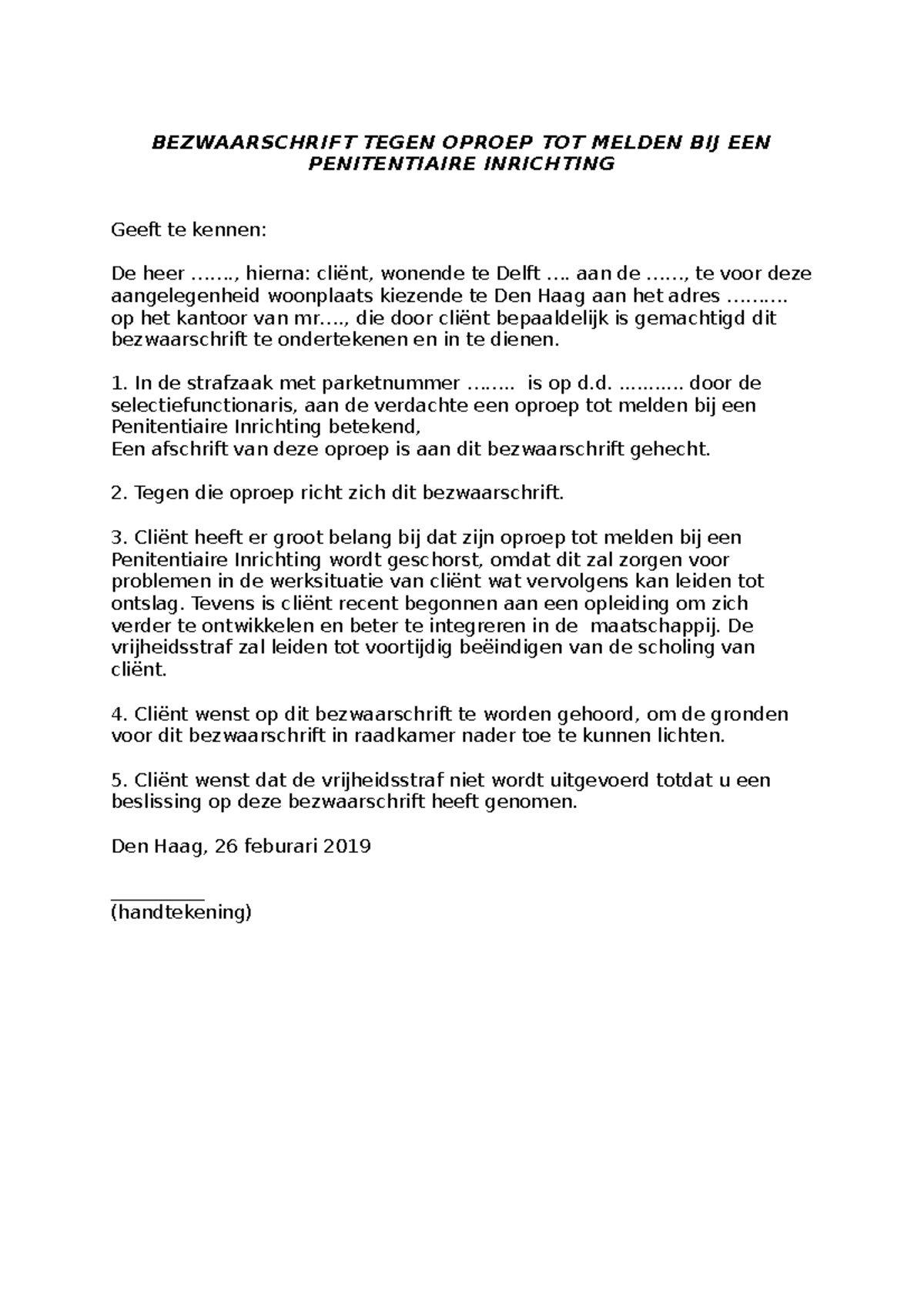 Bezwaarschrift Tegen Oproep TOT Melden BIJ EEN Penitentiaire Inrichting ...