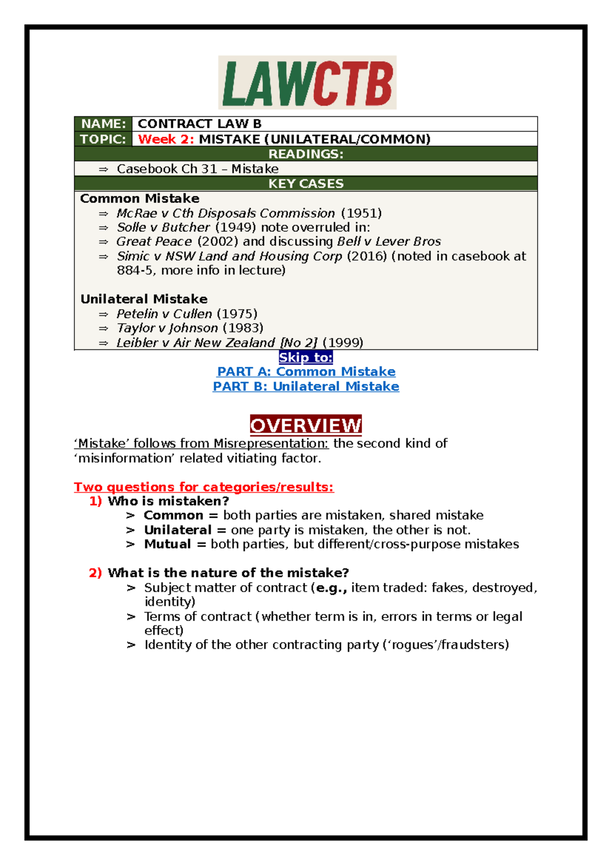 LAW2CTB - Week 2 Notes - La Trobe - Contract Law B - NAME: CONTRACT LAW ...