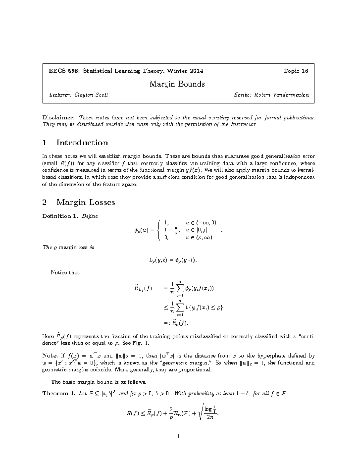 Lecture Notes, Lecture 16 - Margin - EECS 598: Statistical Learning ...