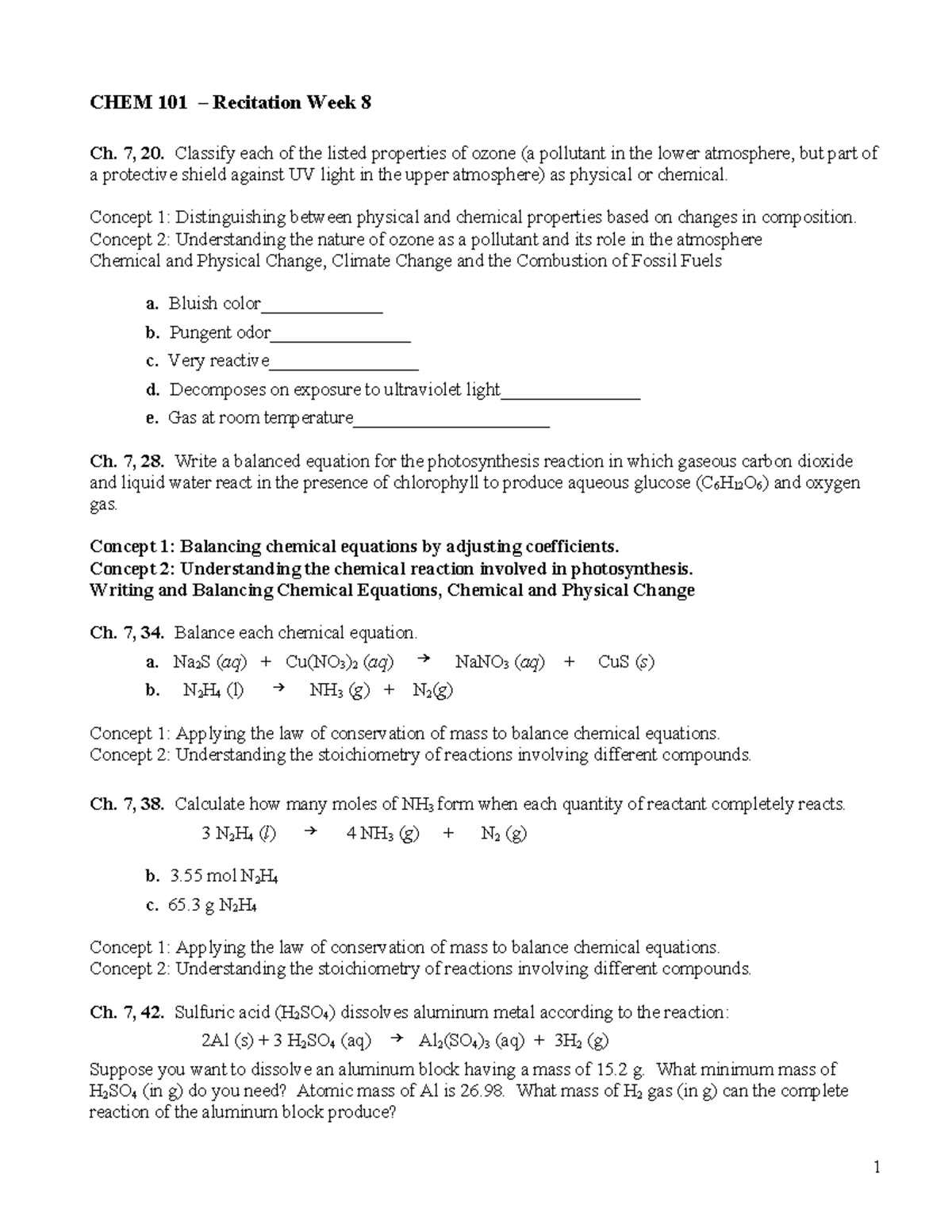 CHEM 101 Recitation Week 8 - CHEM 101 – Recitation Week 8 Ch. 7, 20 ...
