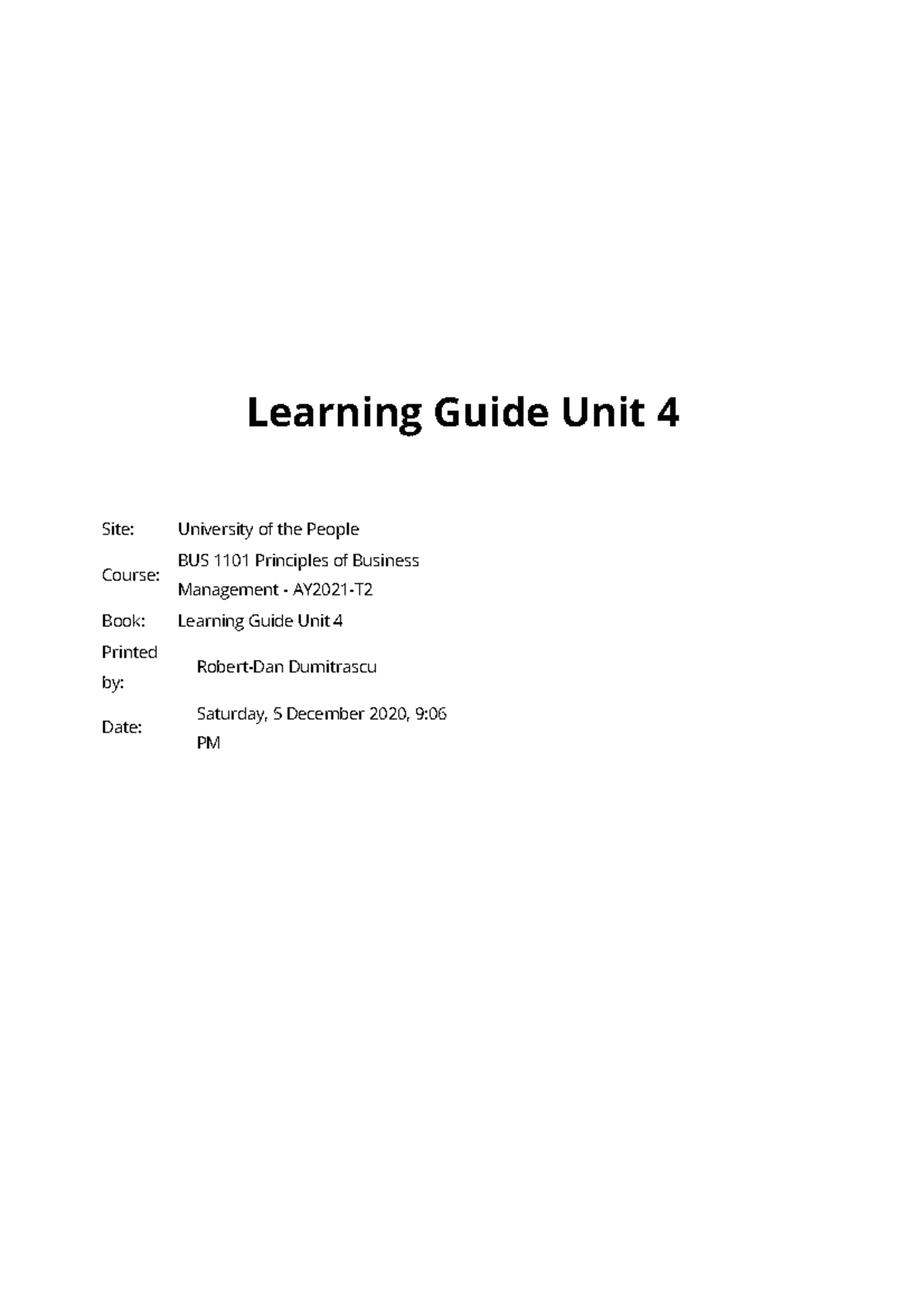 Learning Guide Unit 4 - BUS 1101 Principles Of Business Management ...