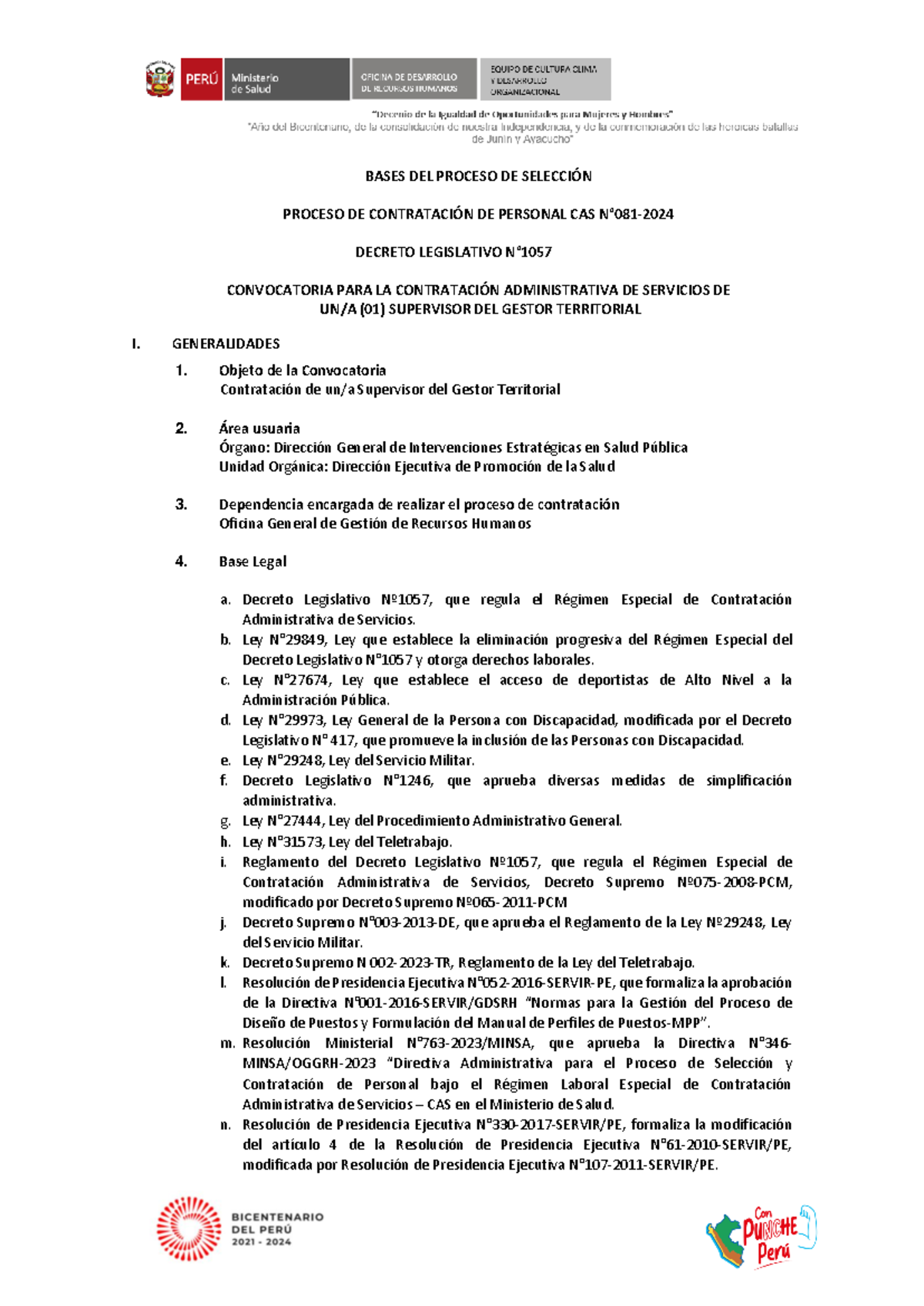 Convocatoria Minsa - ok todo conforme - BASES DEL PROCESO DE SELECCIÓN ...