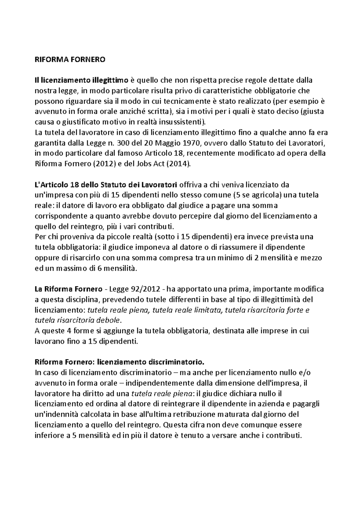 RIF - Riforma fornero e jobs act spingereeeeee - RIFORMA FORNERO Il ...