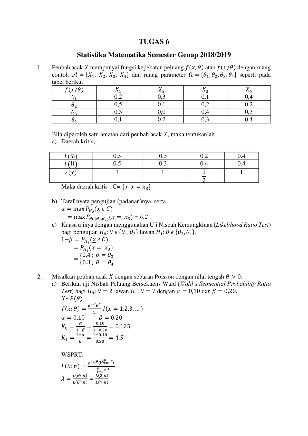 Tugas 6 - TUGAS 6 Statistika Matematika Semester Genap 2018/ Peubah ...