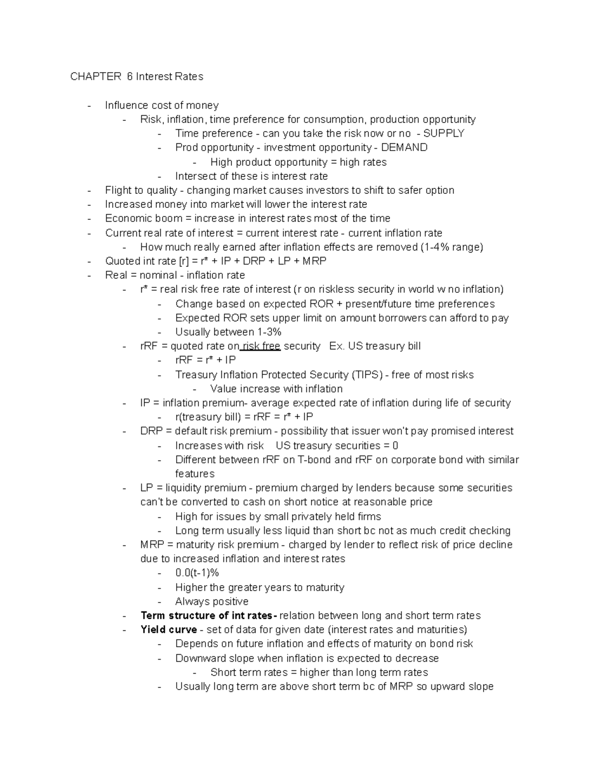 FIN 221 Chapter 6 Notes - CHAPTER 6 Interest Rates Influence cost of ...