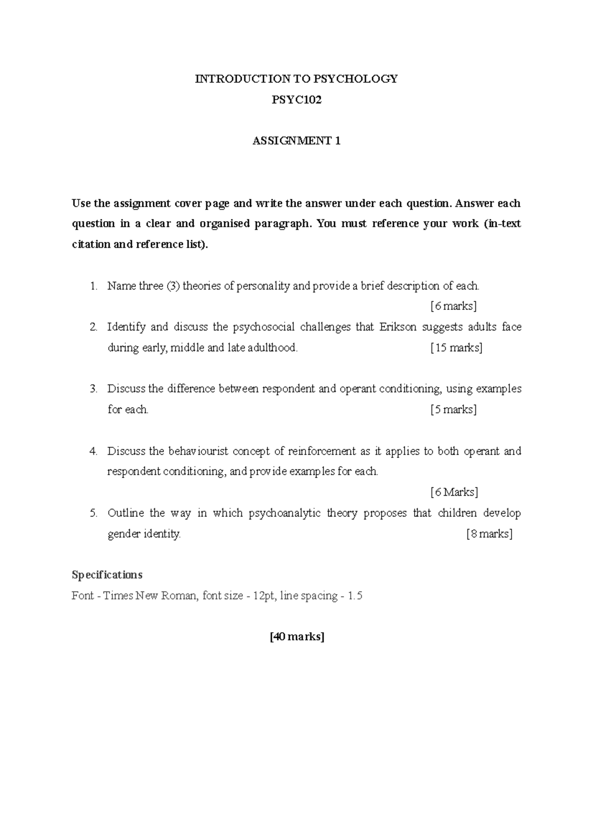 Personality assignment 1 - INTRODUCTION TO PSYCHOLOGY PSYC ASSIGNMENT 1 ...