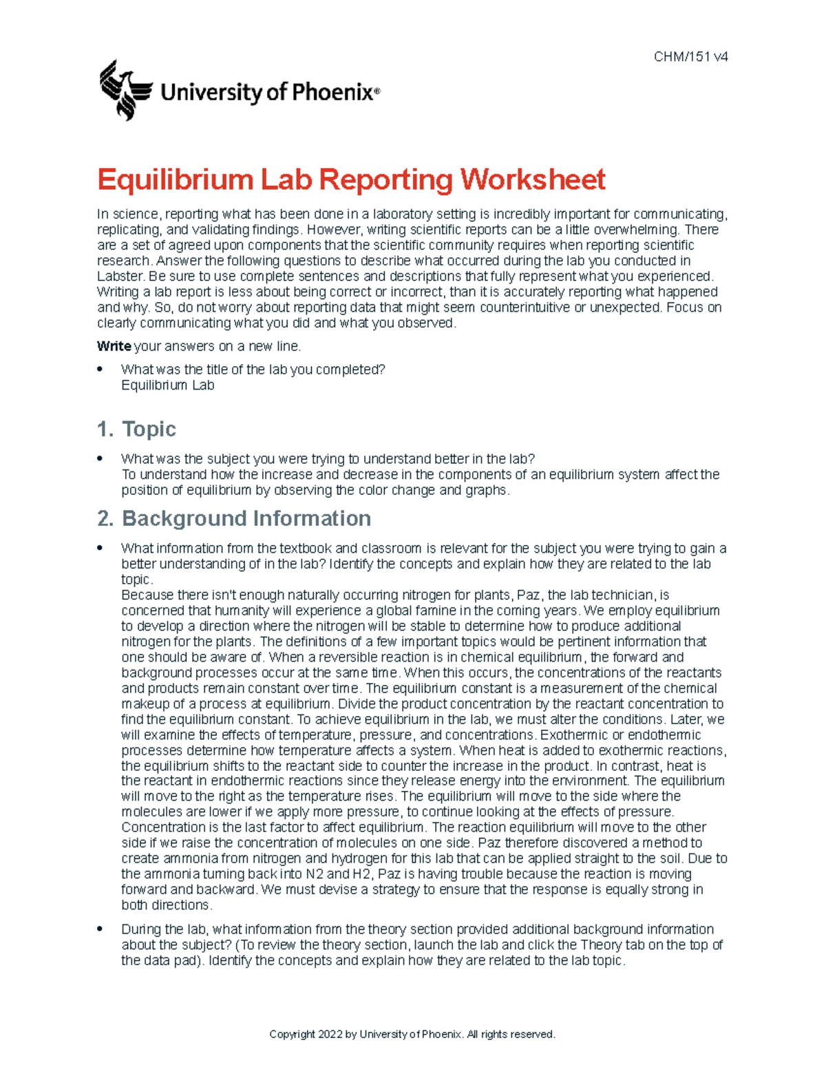 Chm151 v4 wk3 equilibrium assig - CHM/151 v Equilibrium Lab Reporting ...