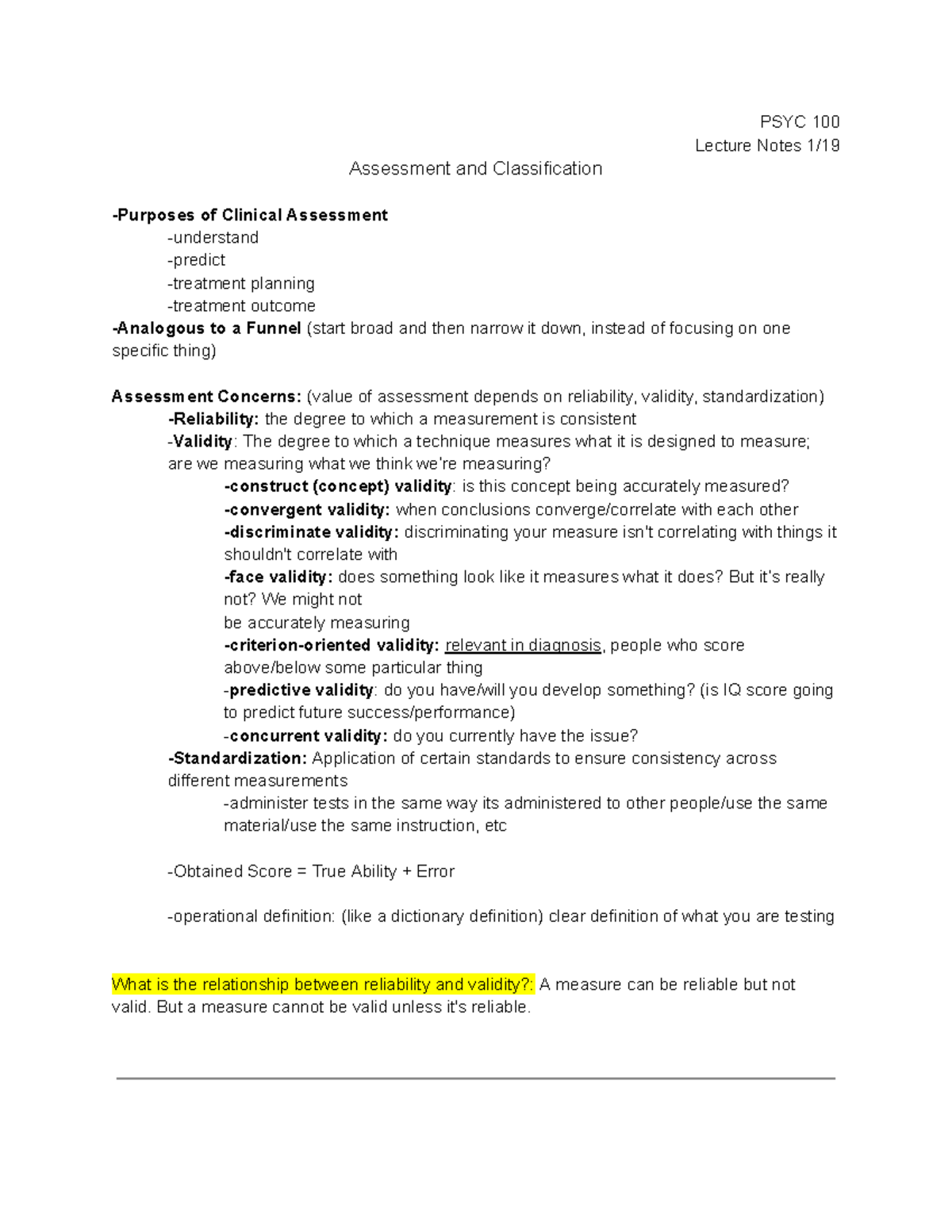PSYC 100 1/19/23 - PSYC 100 Lecture Notes 1/ Assessment and ...