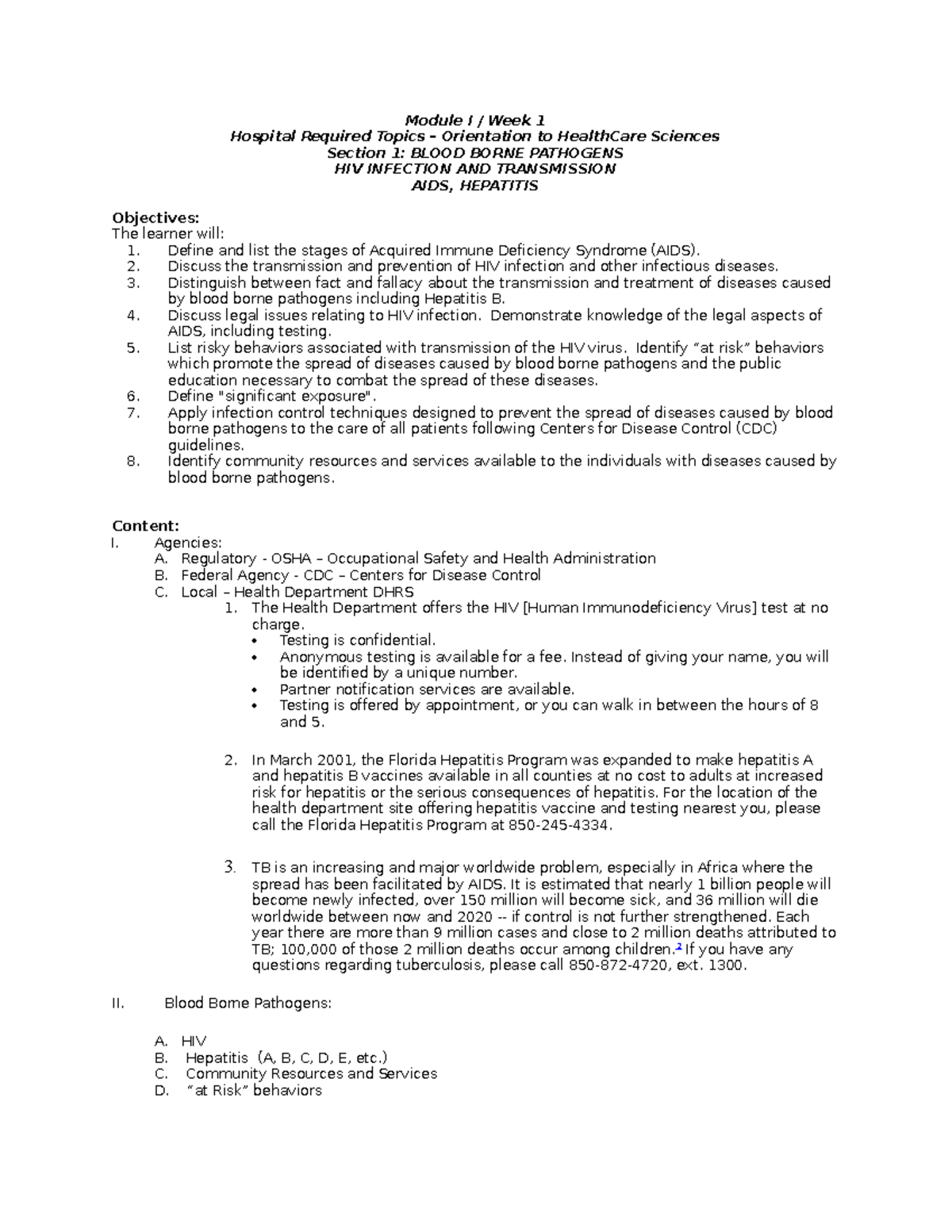 Module I Study Guide - Module I / Week 1 Hospital Required Topics ...