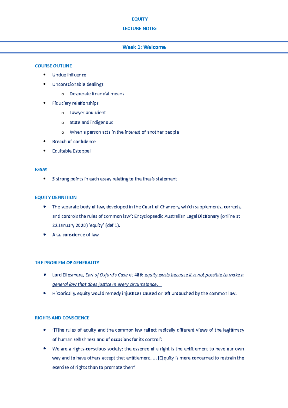 Equity Lecture Notes - EQUITY LECTURE NOTES COURSE OUTLINE Undue ...
