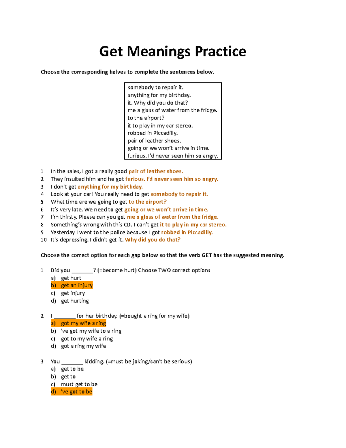 Get Meanings Practice - I don't know - Get Meanings Practice Choose the ...