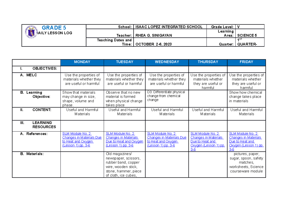 DLL Science Q1 W3 RGS - lesson plan - GRADE 5 DAILY LESSON LOG School ...