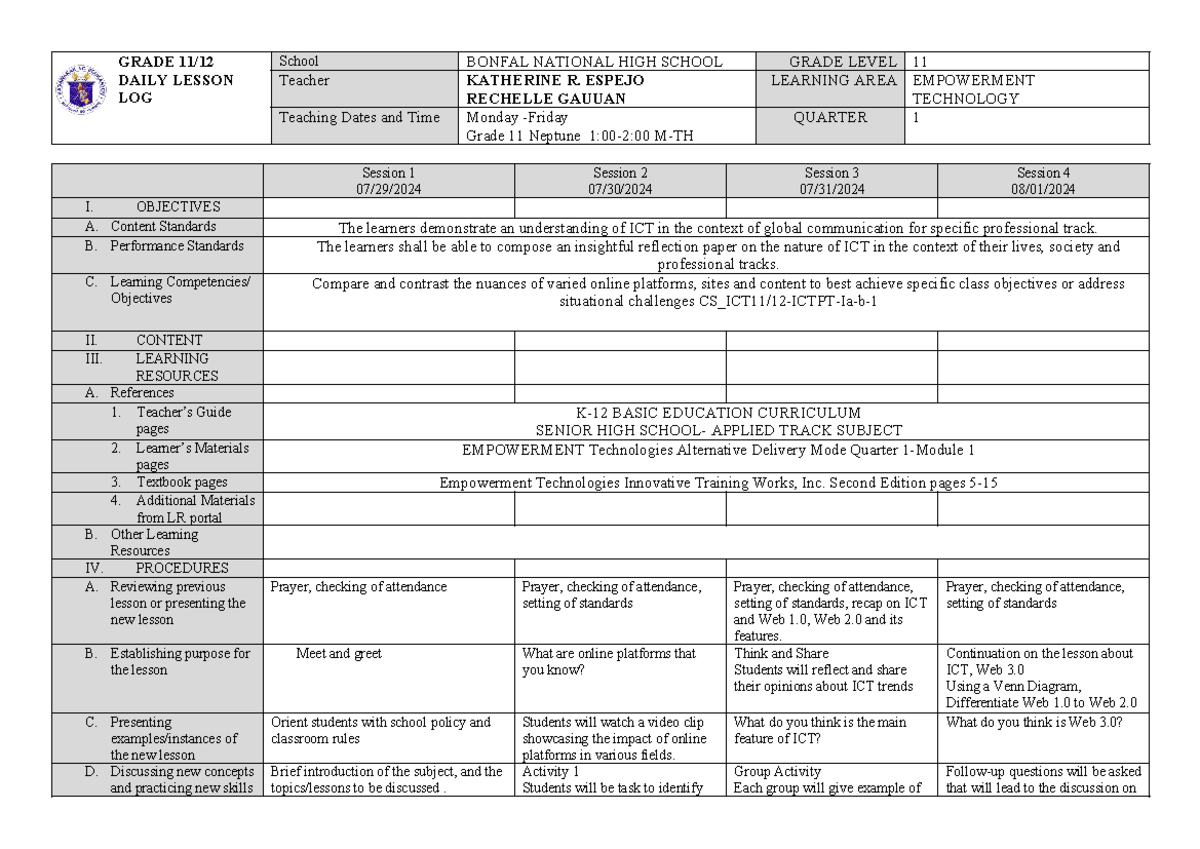 DLL Emtech - Daily Lesson Log in Empowerment Techonogy - GRADE 11 ...