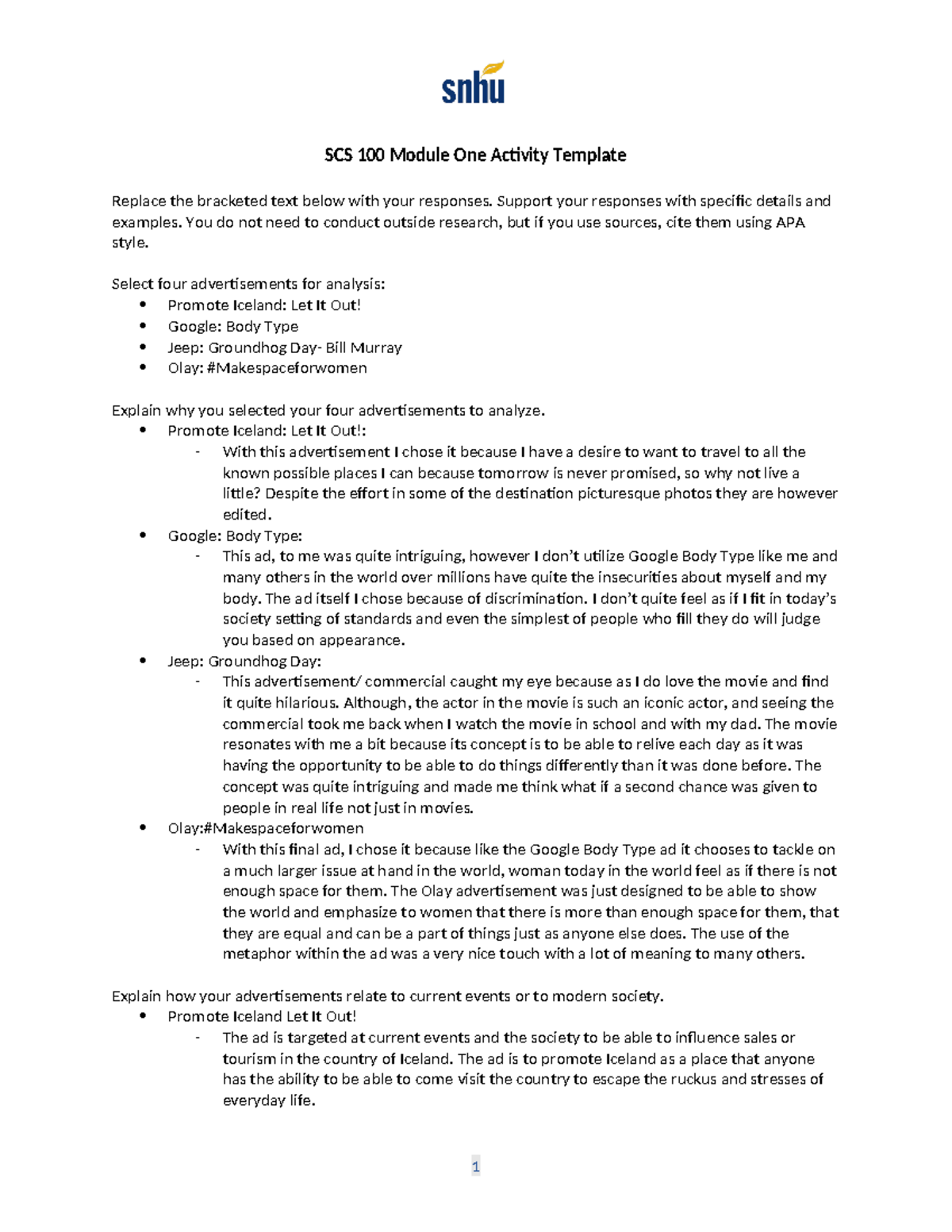 SNHU 1-2 Assignment - SCS 100 Module One Activity Template Replace the ...