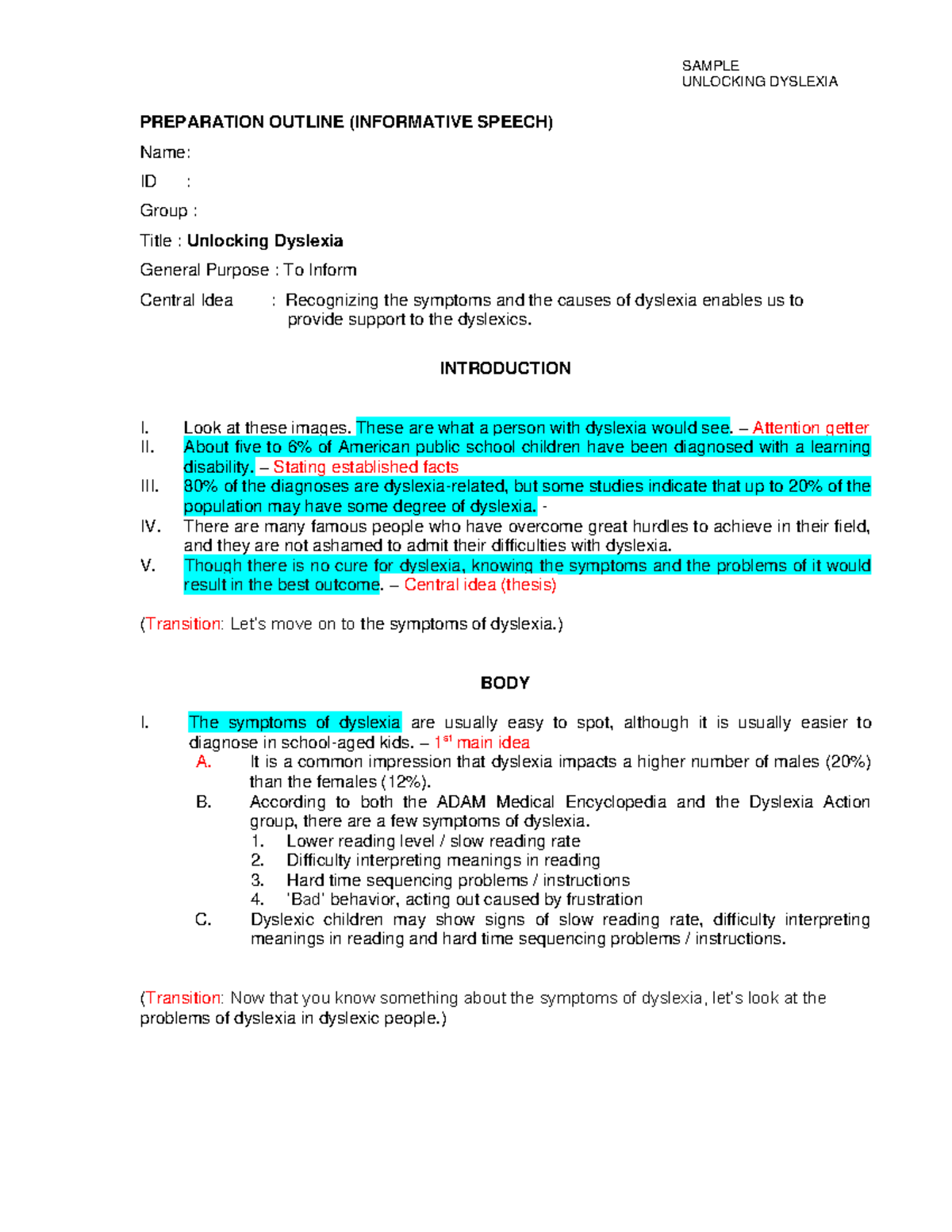 Dyslexia Outline contoh SAMPLE UNLOCKING DYSLEXIA PREPARATION