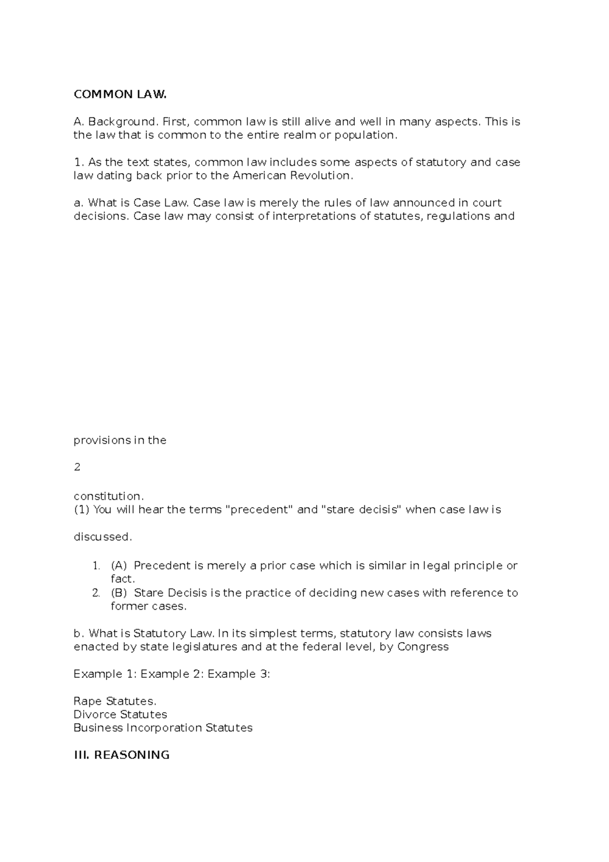 Chapter 1 law method 2 - COMMON LAW. A. Background. First, common law ...