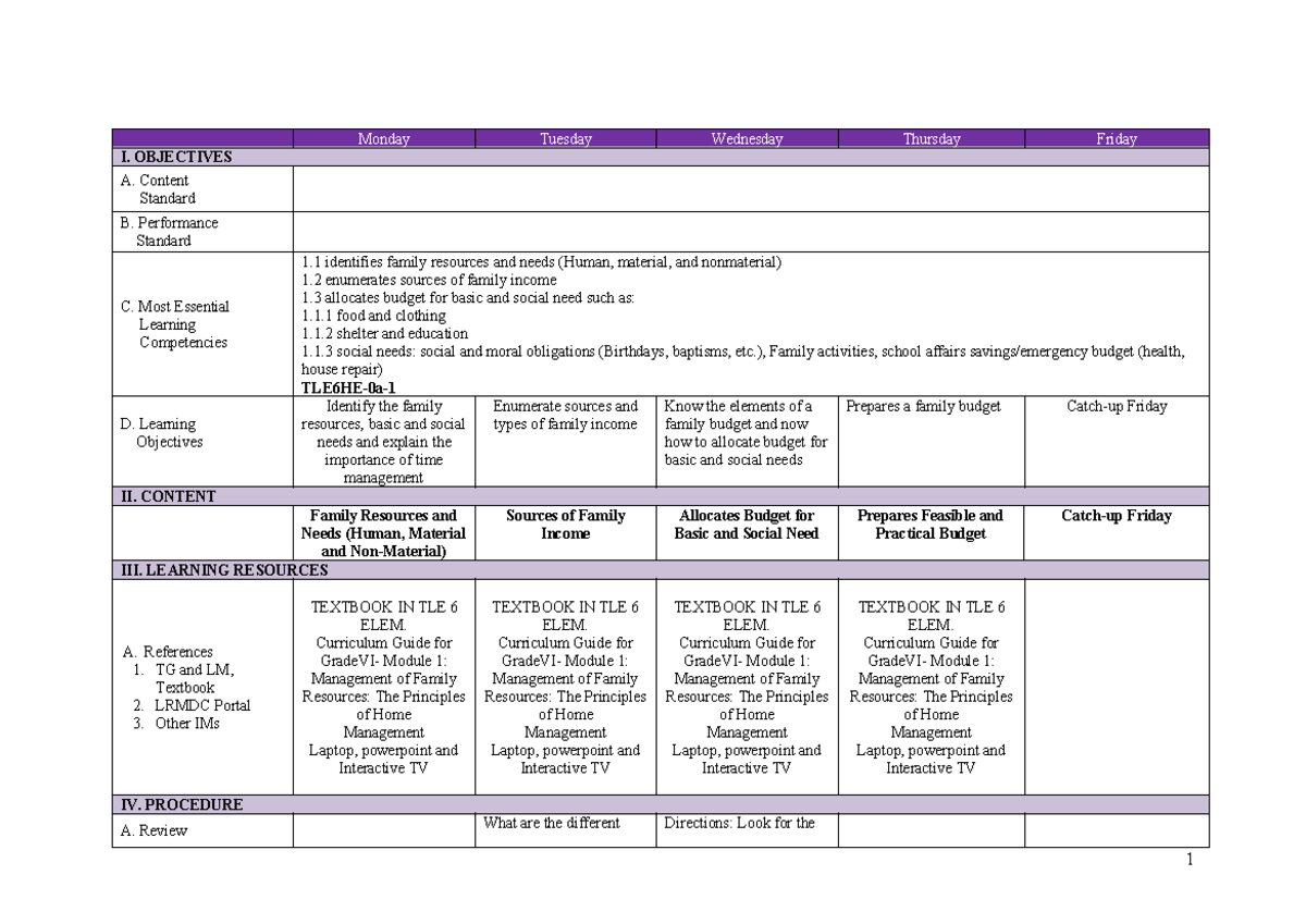 DLL TLE 6 WEEK 1 - none - Monday Tuesday Wednesday Thursday Friday I ...