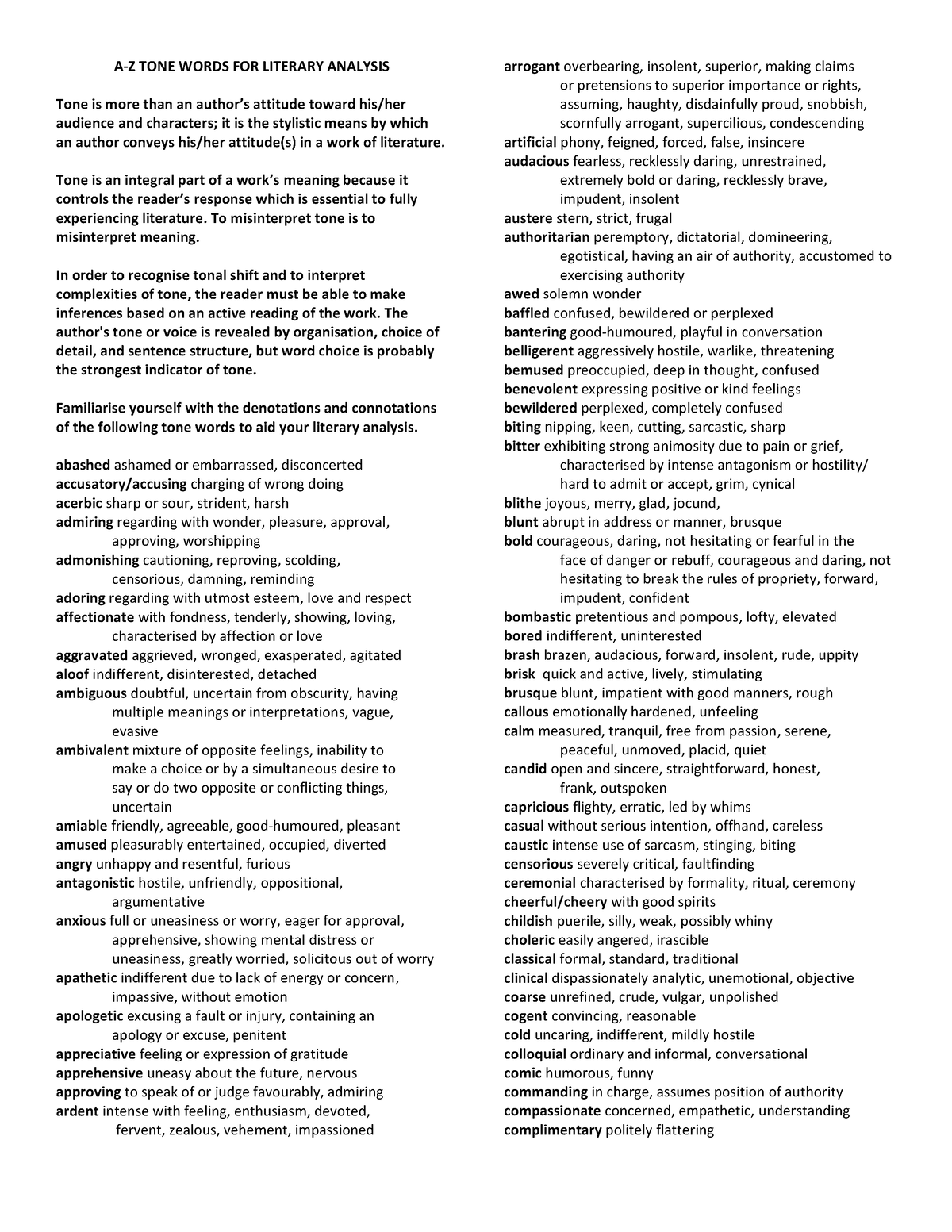 Tone Words For Language Analysis A Z TONE WORDS FOR LITERARY ANALYSIS 