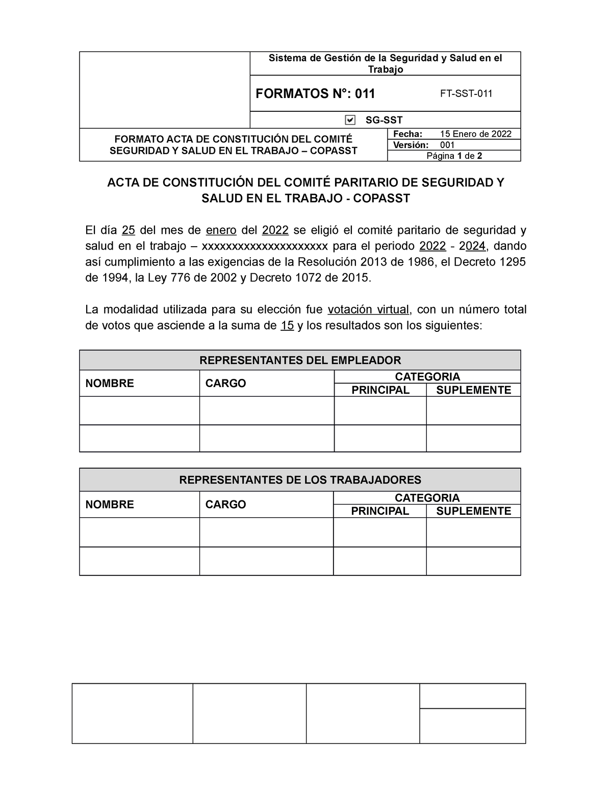 Ft Sst 011 Formato Acta De Constitución Del Comité Copasst 2022