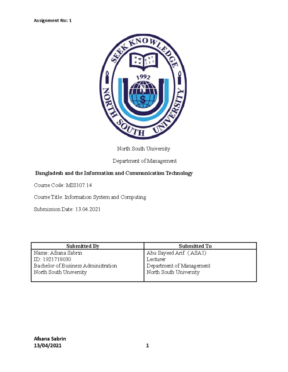 Mis 107 - MIS107 - North South University Department of Management ...