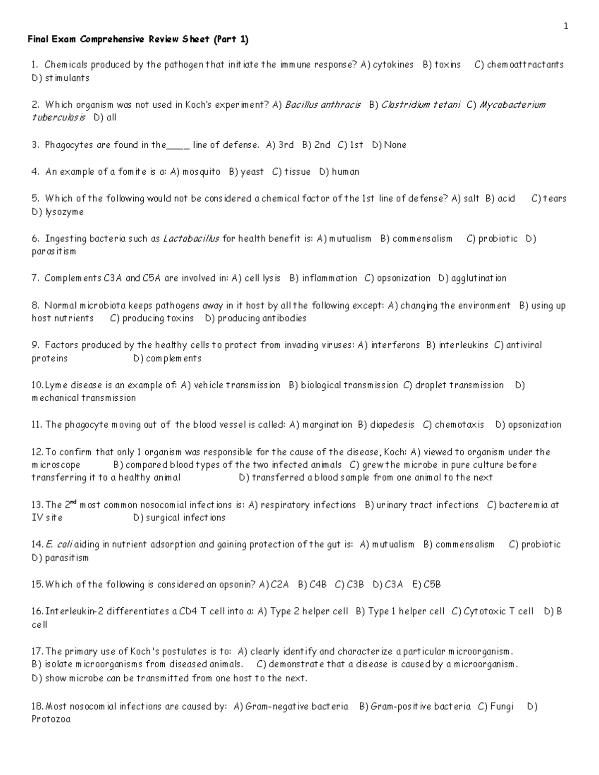 Final Exam Review Sheet Part 1 Final Exam Comprehensive Review Sheet