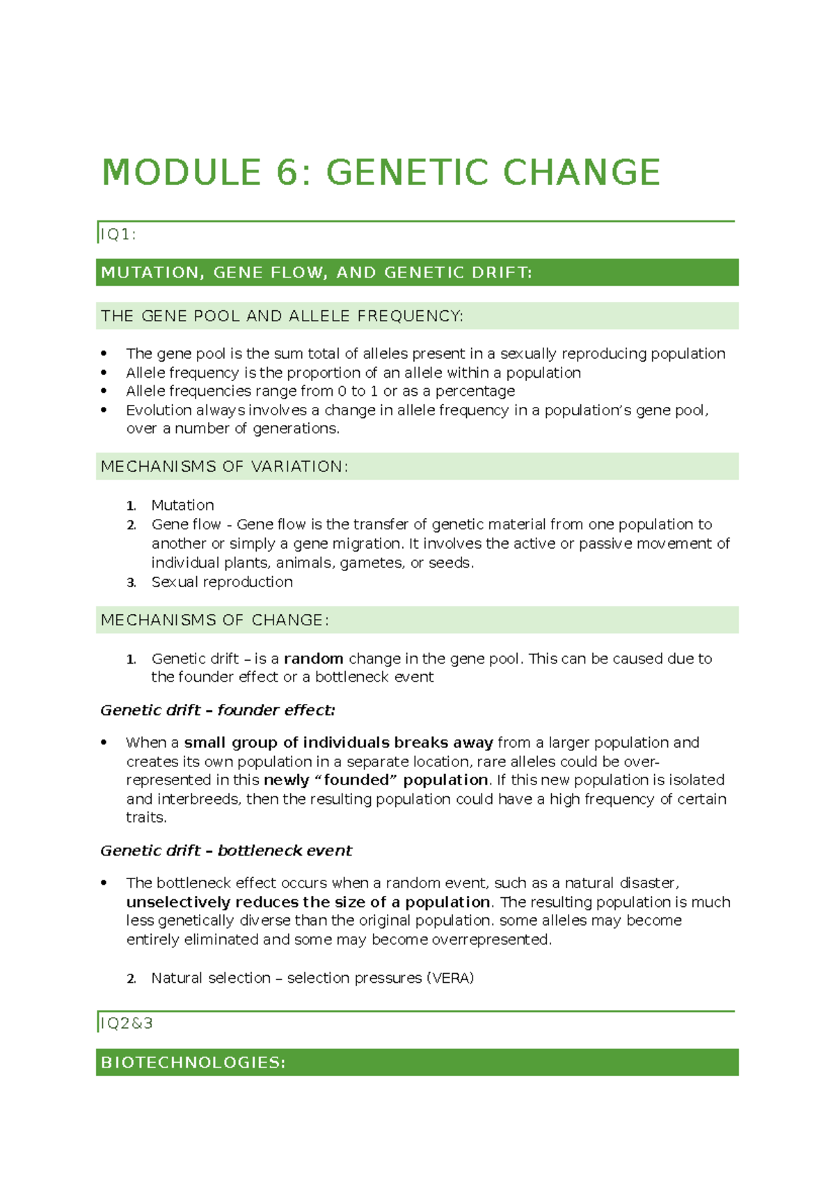 Module 6 - Mod 6 Notes - MODULE 6: GENETIC CHANGE IQ1: MUTATION, GENE ...