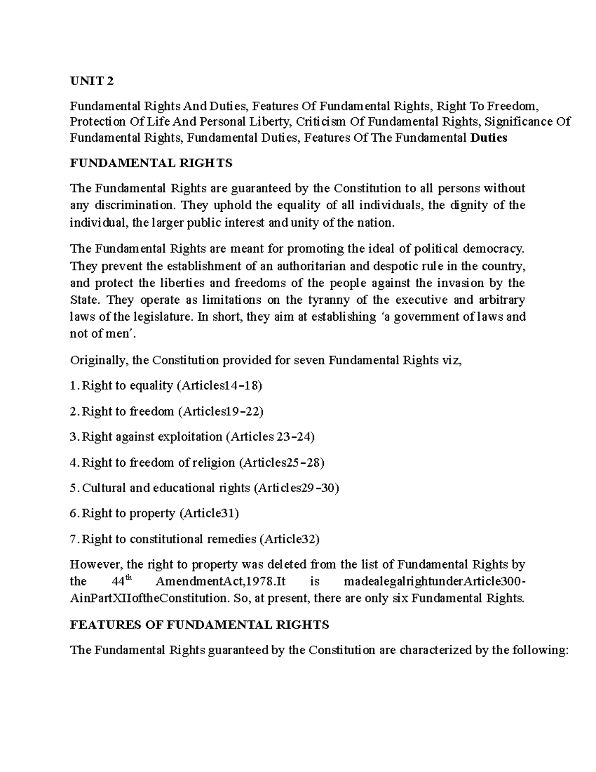 UNIT 2 Document - DAA - UNIT 2 Fundamental Rights And Duties, Features ...