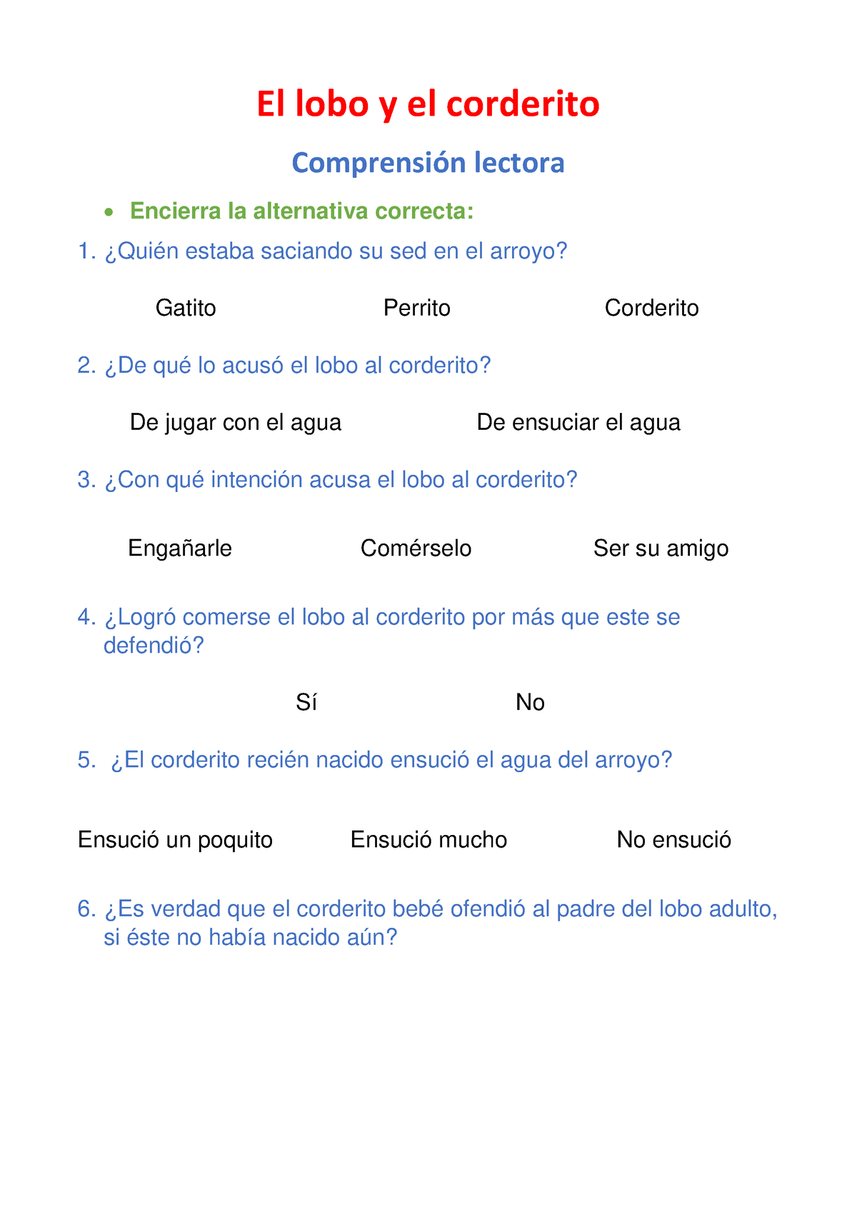 El lobo y el corderito Excelente Lectura El lobo y el corderito Comprensión lectora