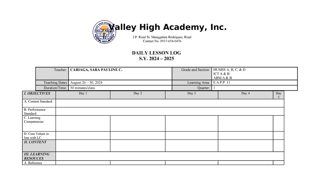 DLL- Template-1 - dlp format - Valley High Academy, Inc. J. Rizal St ...