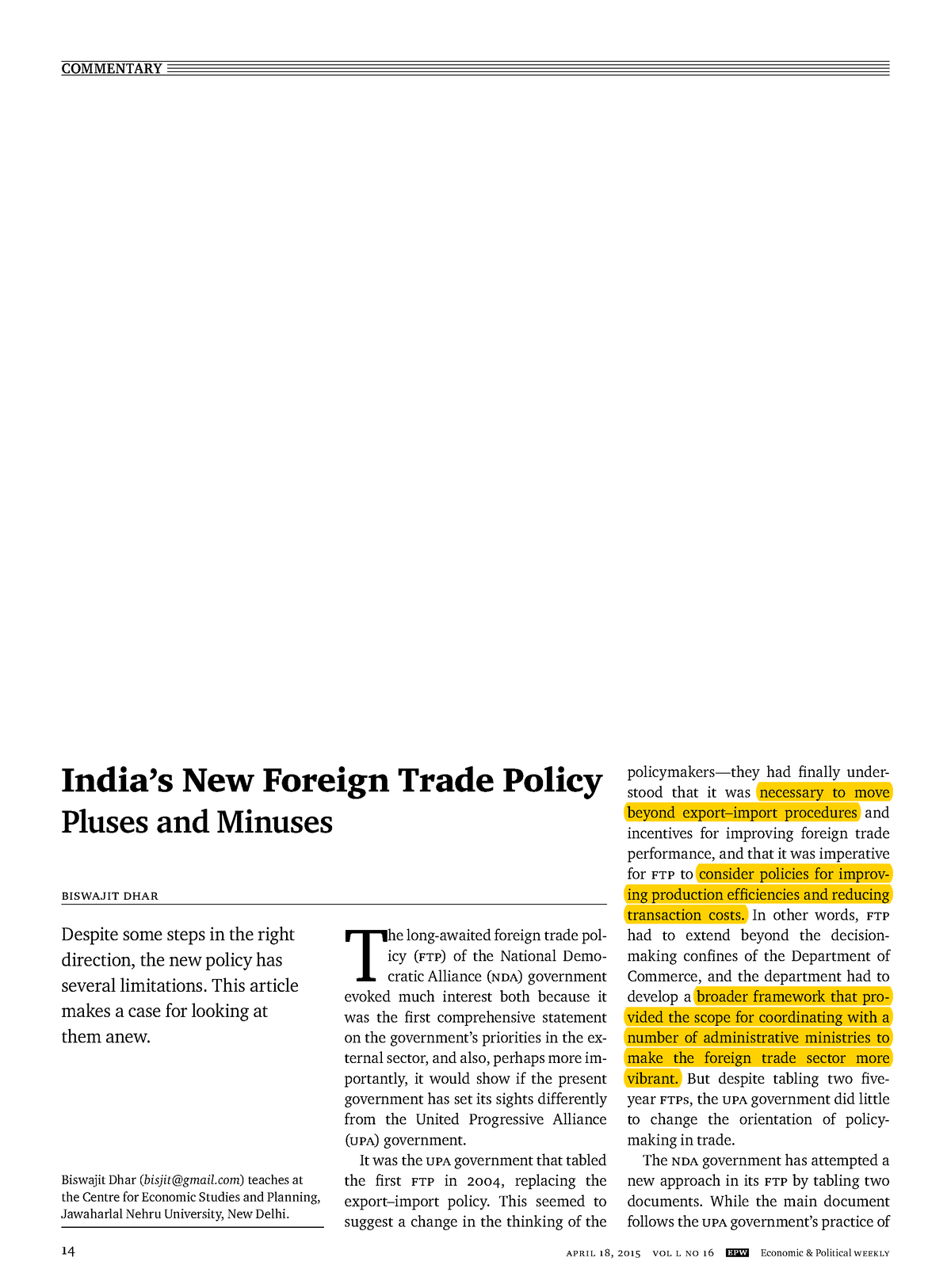 Unit-1, Article 4 (India’s New Foreign Trade Policy Pluses And Minuses ...