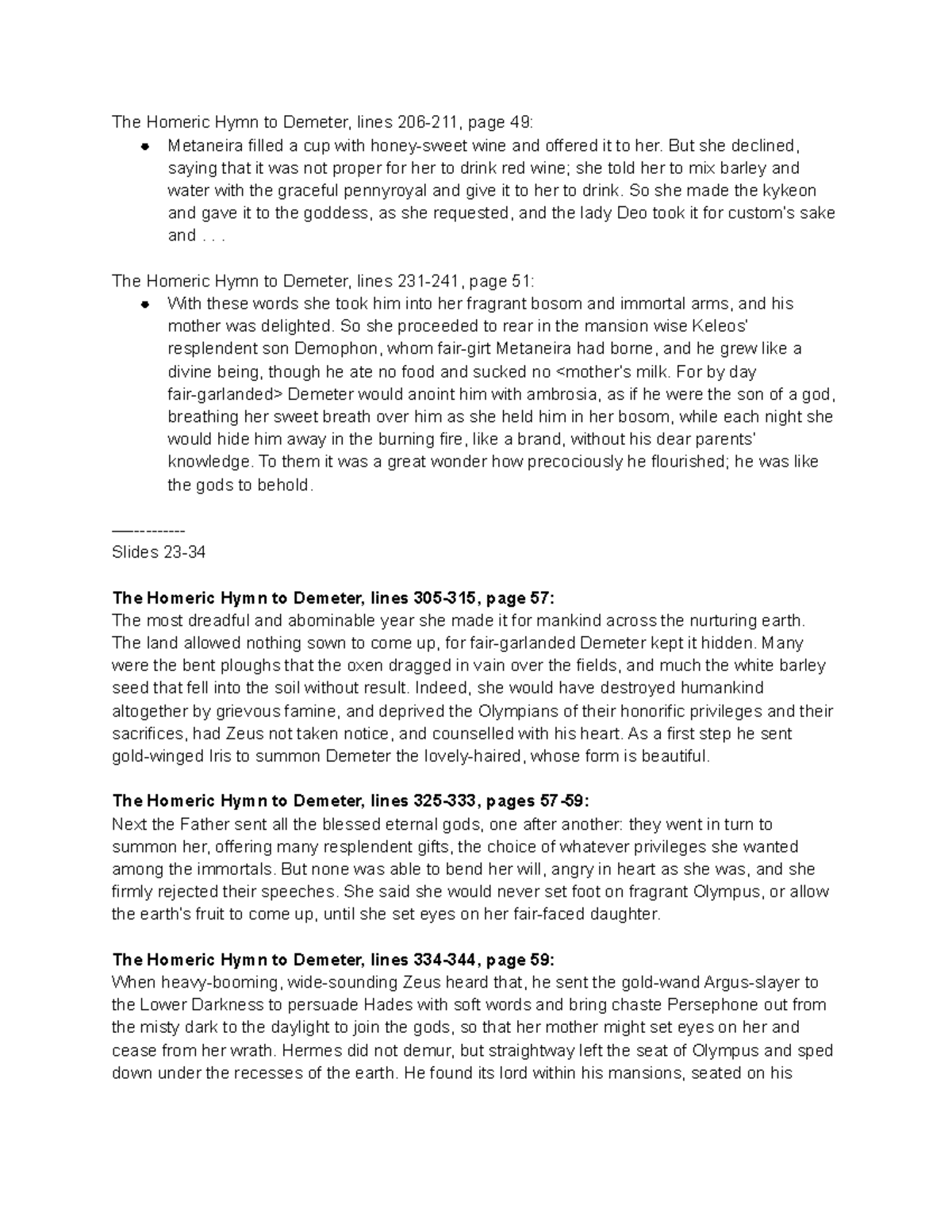 Classics Midterm Notes Part 2 - The Homeric Hymn to Demeter, lines 206 ...