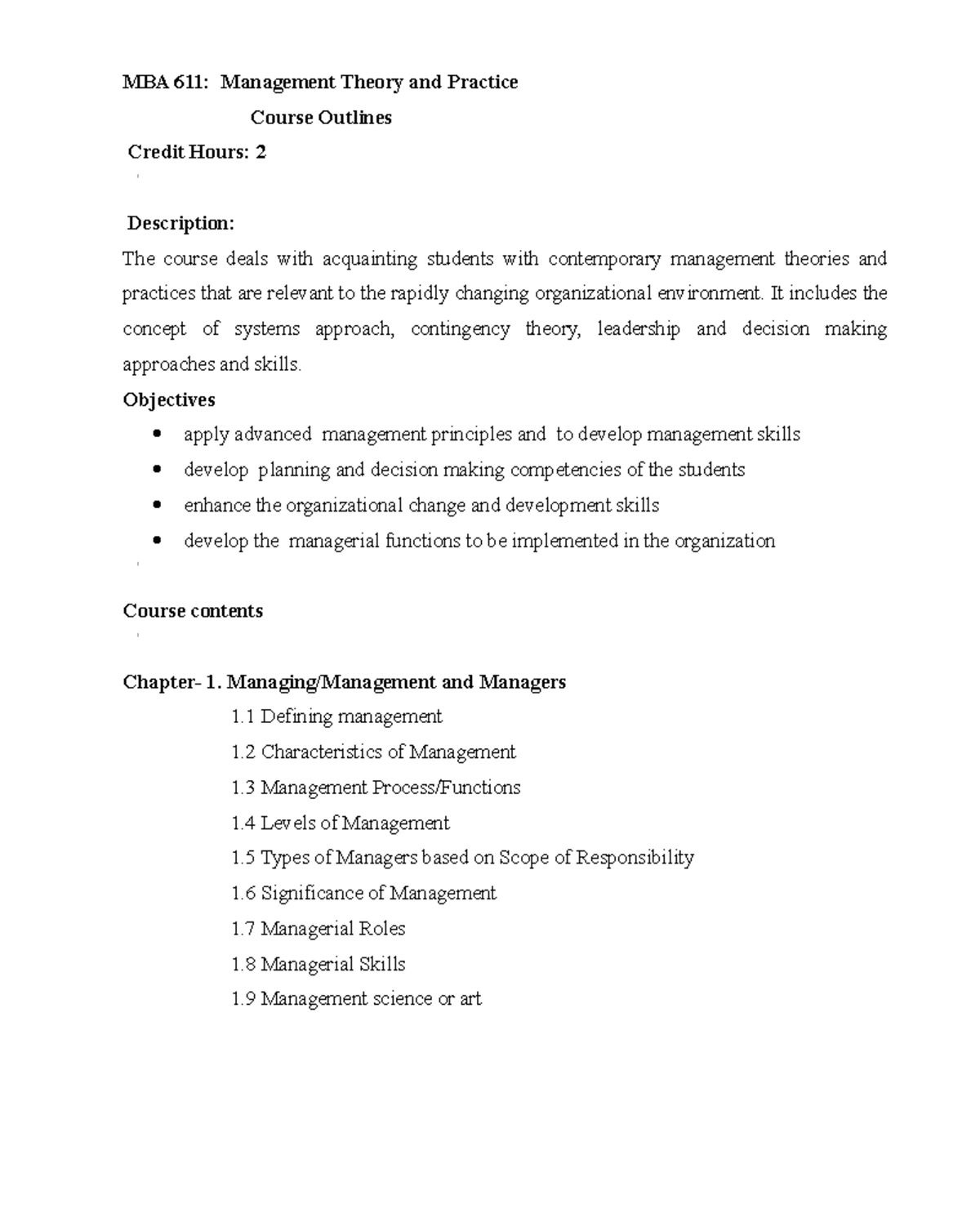 Course outline MGT theory word file - MBA 611: Management Theory and ...