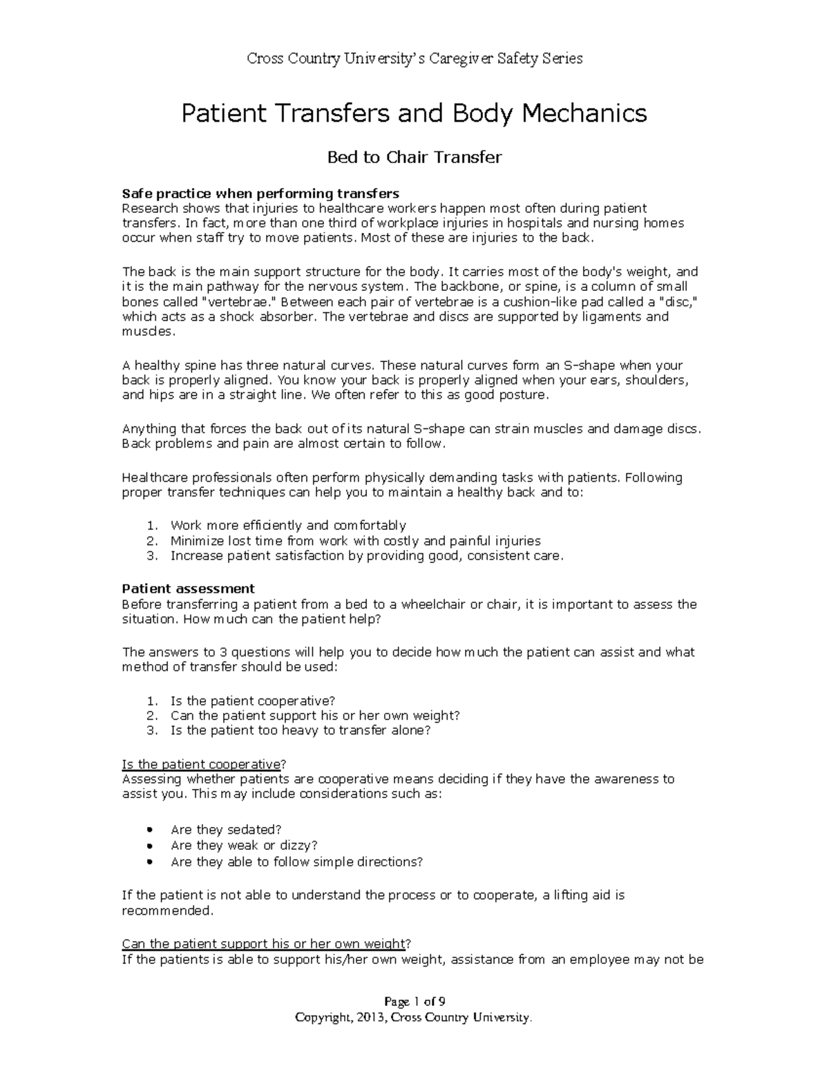 CGStrans - funda - Page 1 of 9 Patient Transfers and Body Mechanics Bed ...