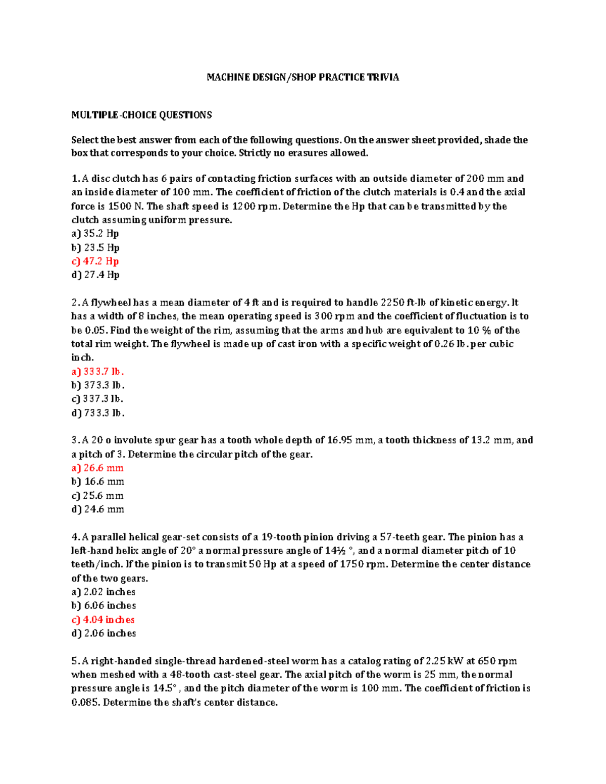 Machine Design Q MULTIPLE CHOICE QUESTIONS Select The Best Answer