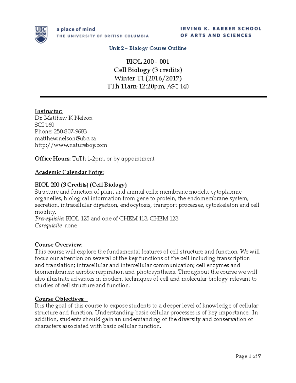 BIO200-001syllabus 2016-17W1 - BIOL 200 - 001 Cell Biology (3 credits ...