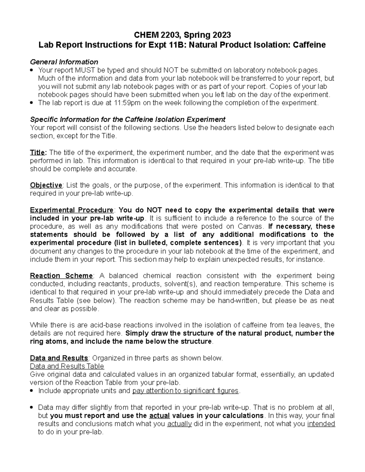 Caffeine Lab ReportSpring 2023 CHEM 2203, Spring 2023 Lab Report