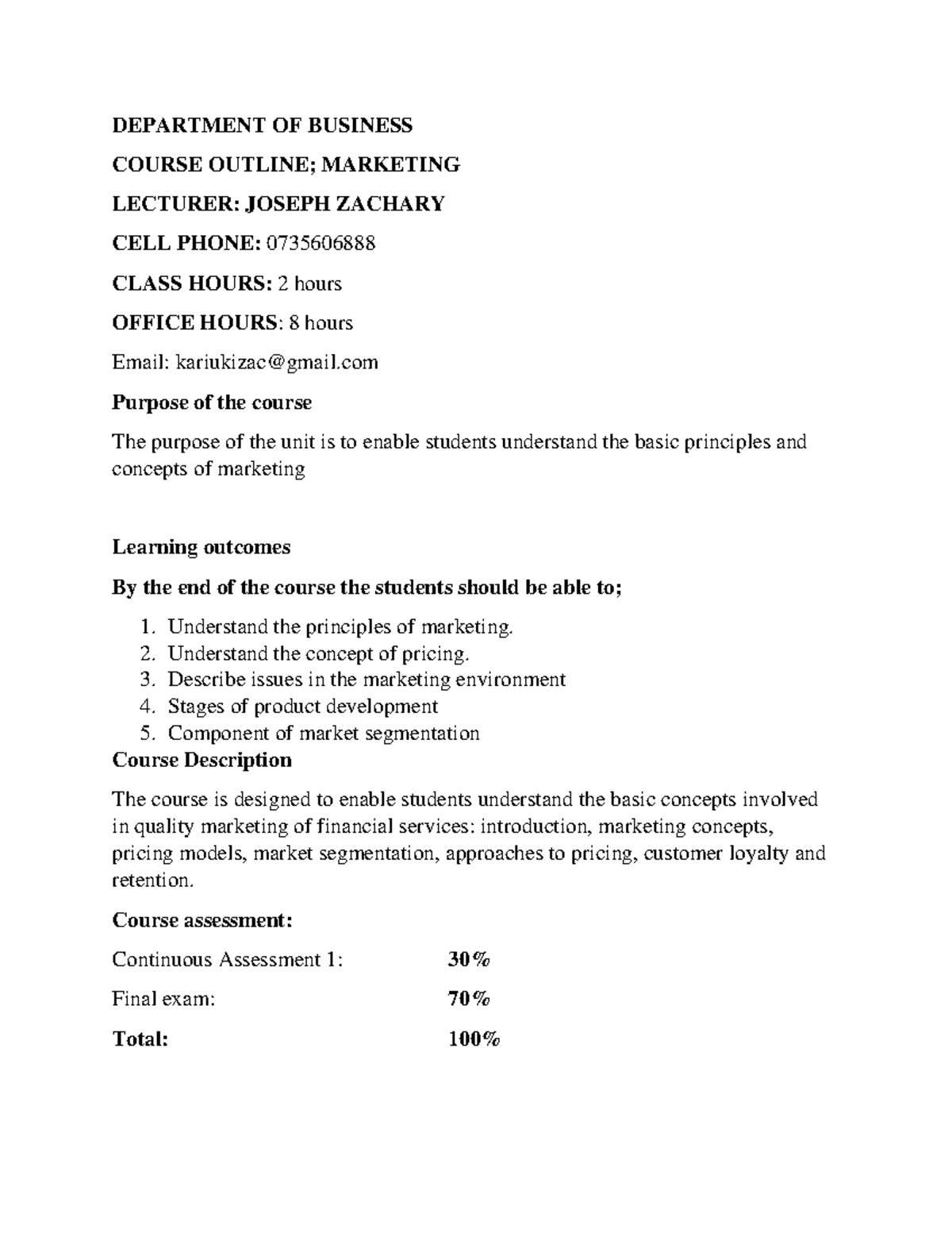 Marketing Course Outline - DEPARTMENT OF BUSINESS COURSE OUTLINE ...
