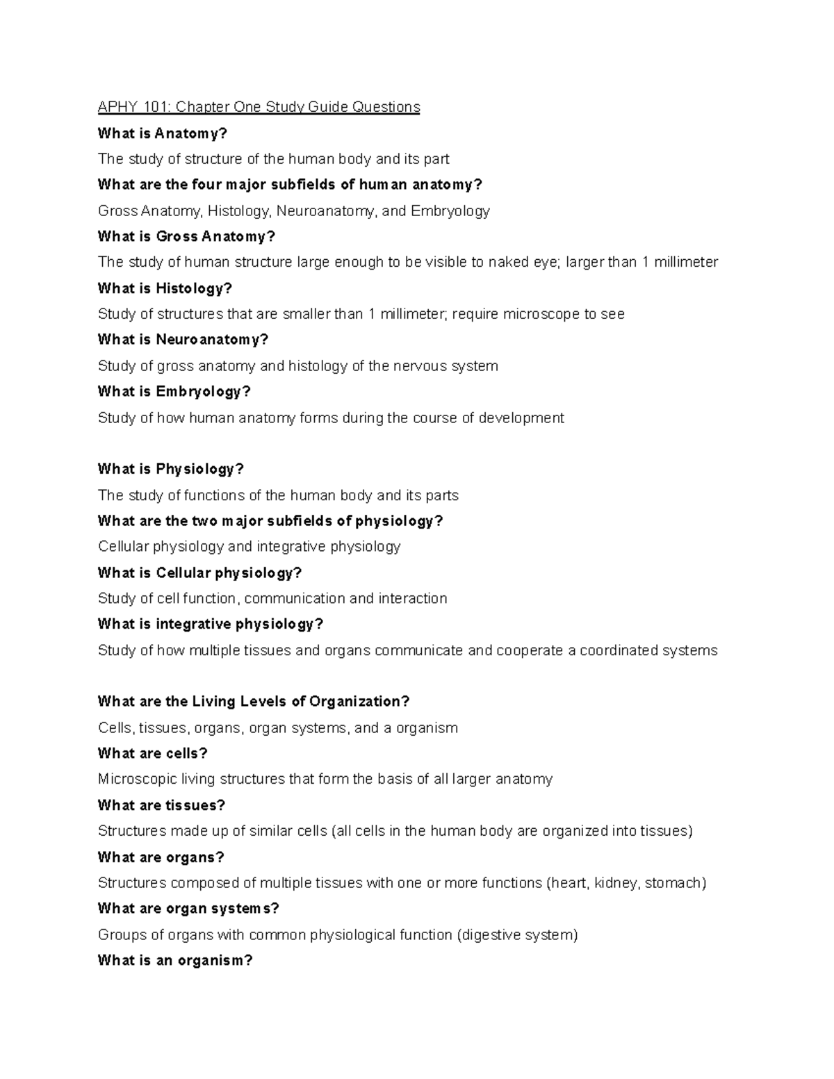 APHY 101 Chapter 1 - anatomy - APHY 101: Chapter One Study Guide ...