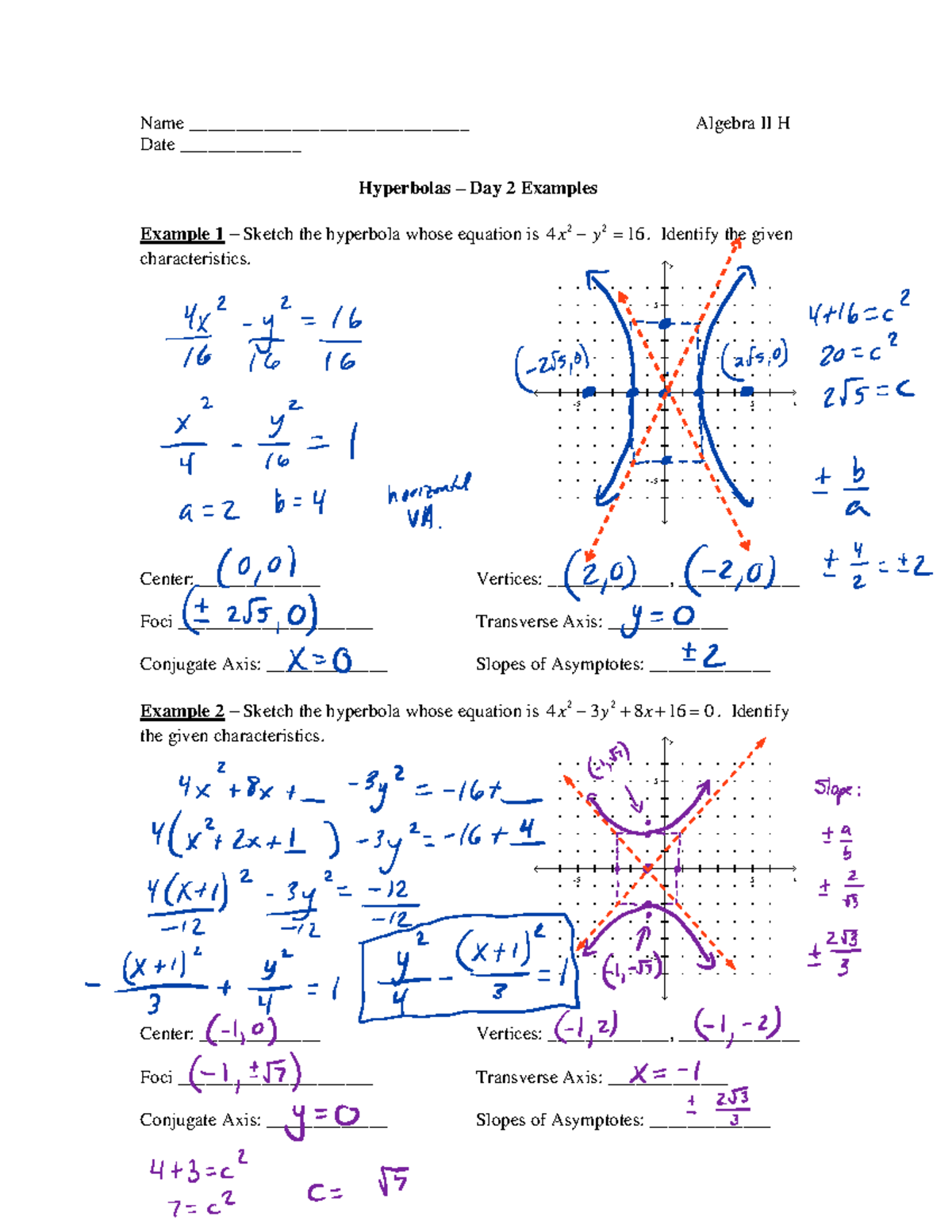 Hyperbola Day 2 Example answers - –5 5 x 5 – y –5 5 x 5 – y Name