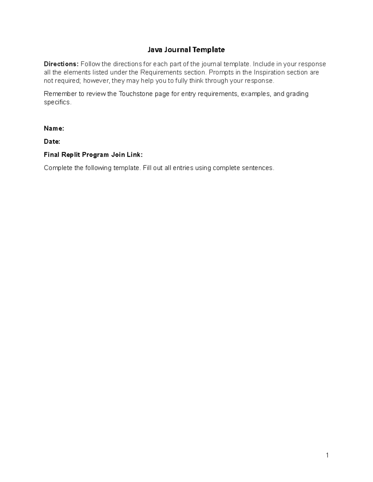 Sophia Java Touchstone - Java Journal Template Directions: Follow the ...