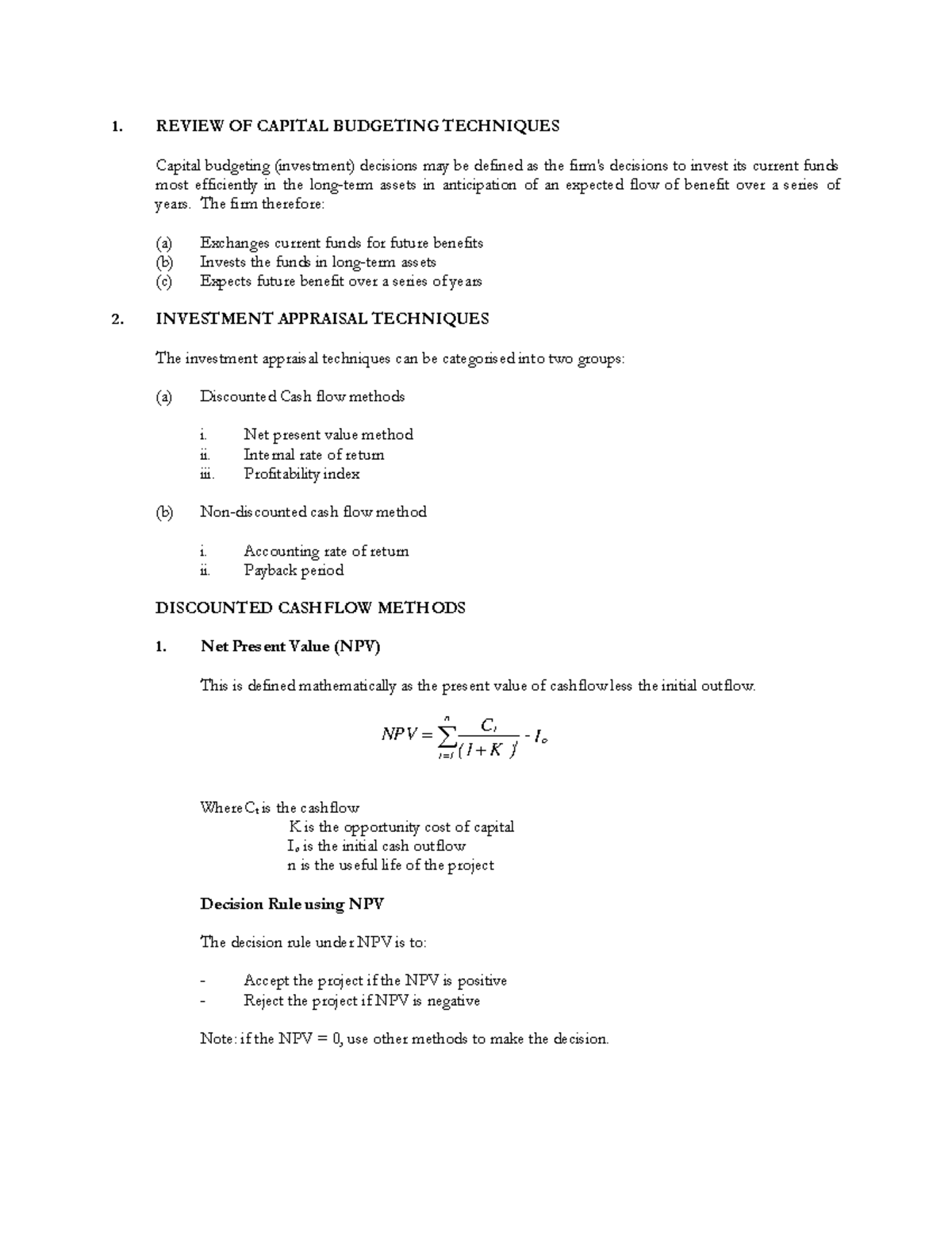 Capital Budgeting Techniques - 1. REVIEW OF CAPITAL BUDGETING ...