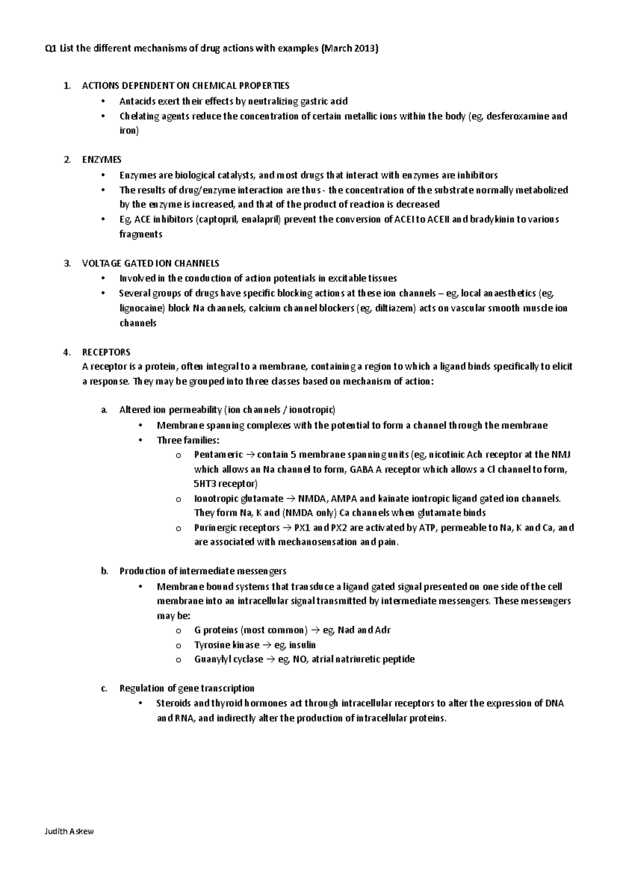 Q1 list the different mechanisms of drug actions with examples march ...